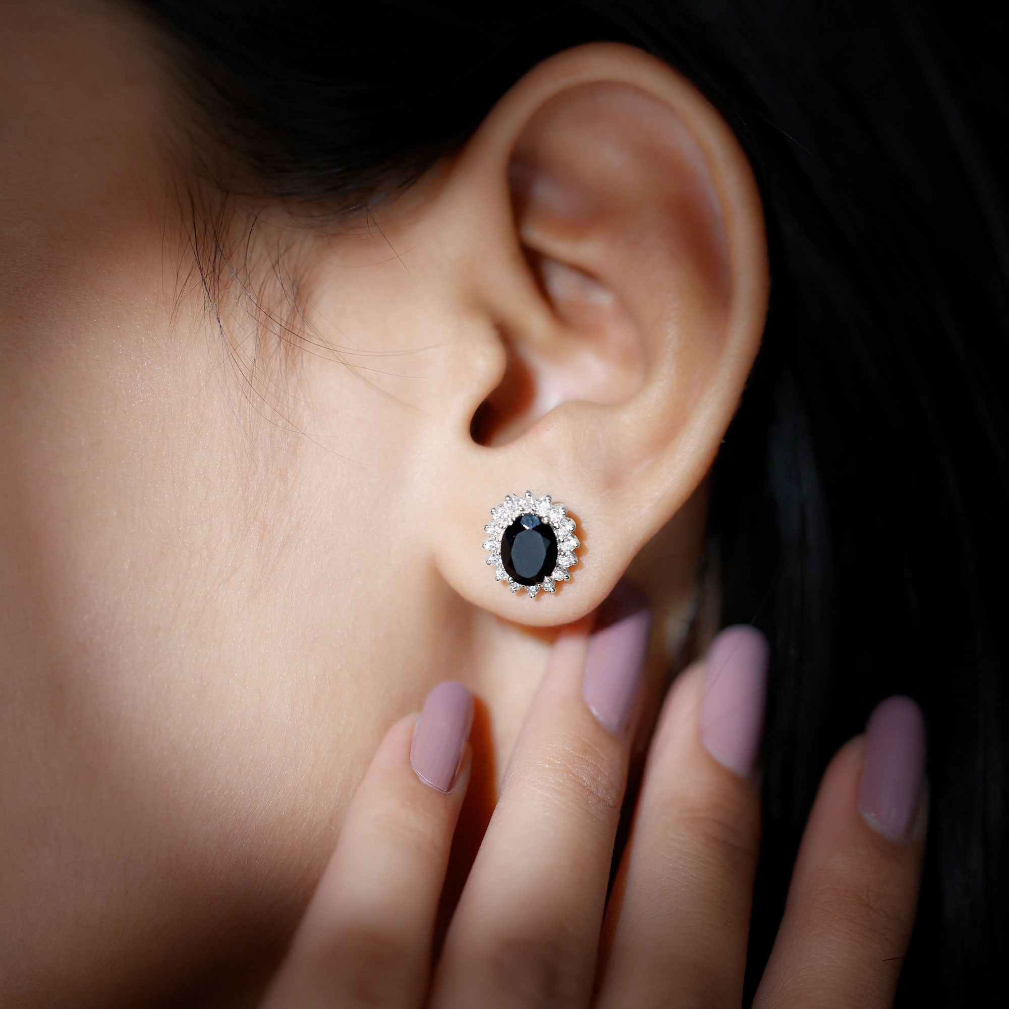 2 Carat Oval Cut Black Onyx Stud Earrings with Moissanite Halo AAA - Rosec Jewels