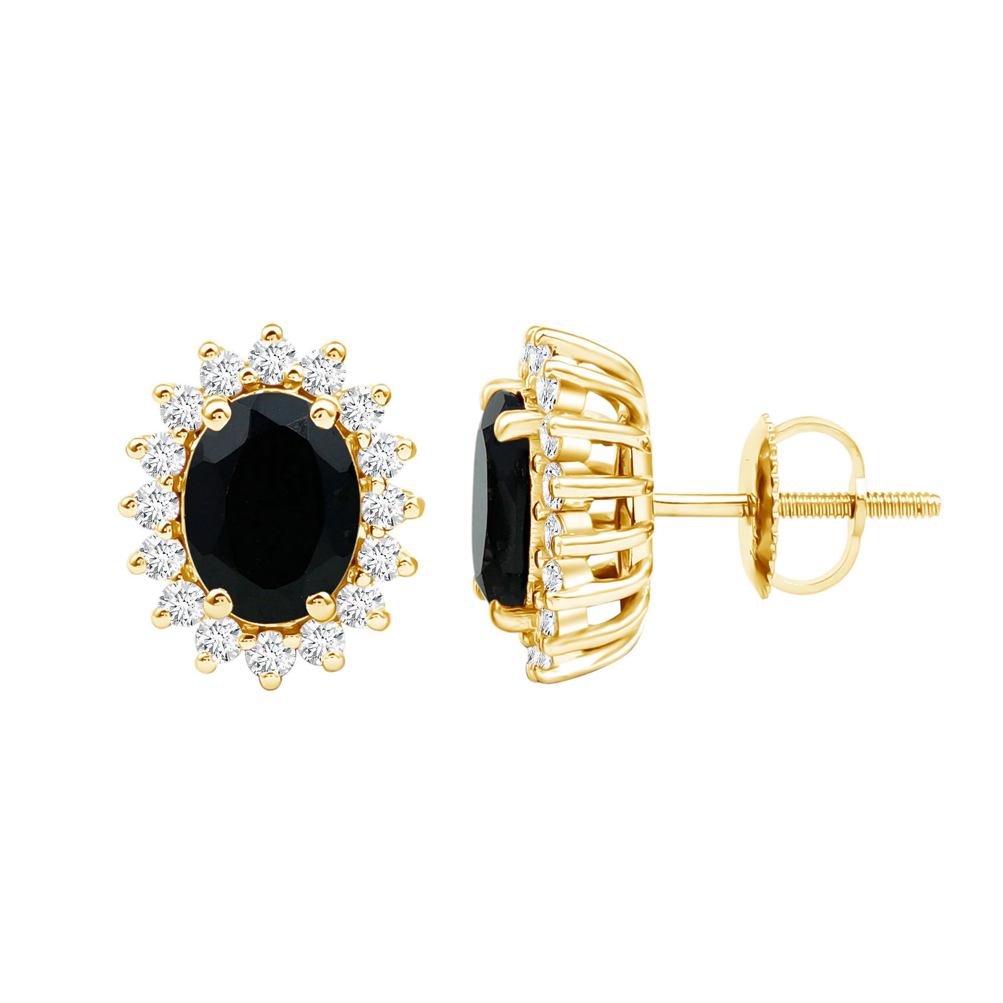 2 Carat Oval Cut Black Onyx Stud Earrings with Moissanite Halo AAA - Rosec Jewels
