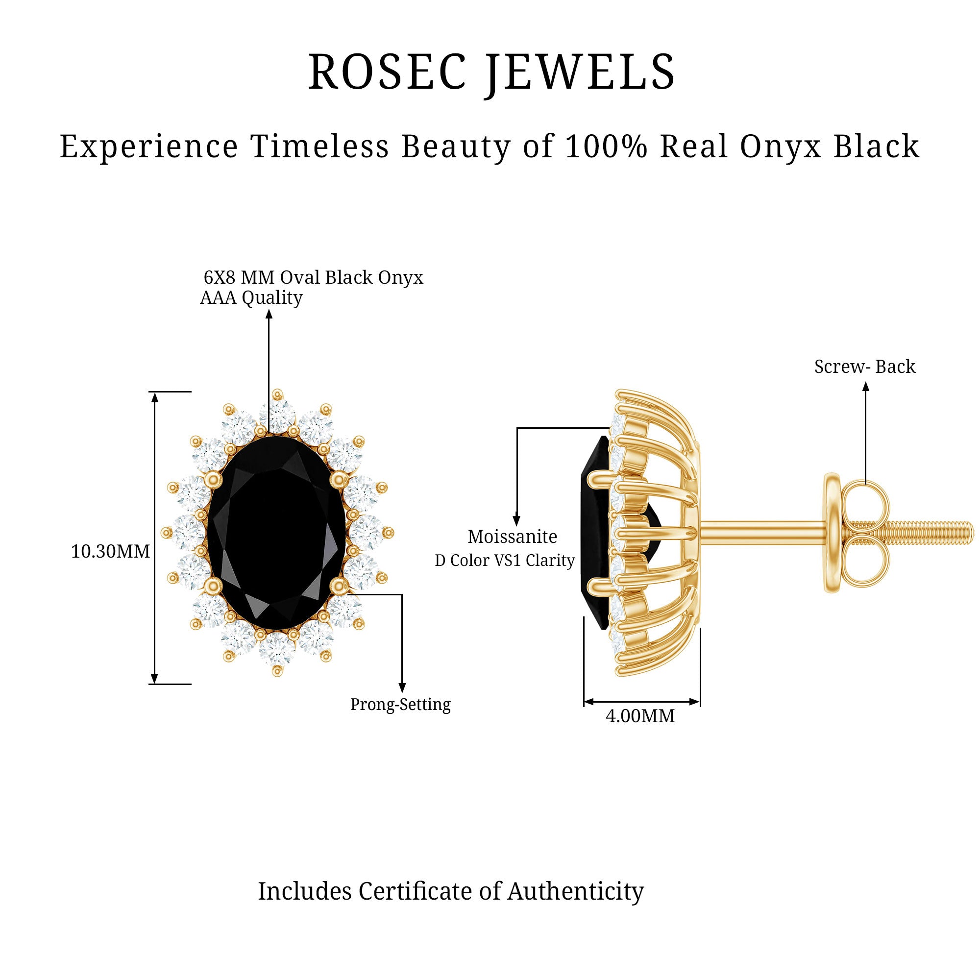 2 Carat Oval Cut Black Onyx Stud Earrings with Moissanite Halo AAA - Rosec Jewels