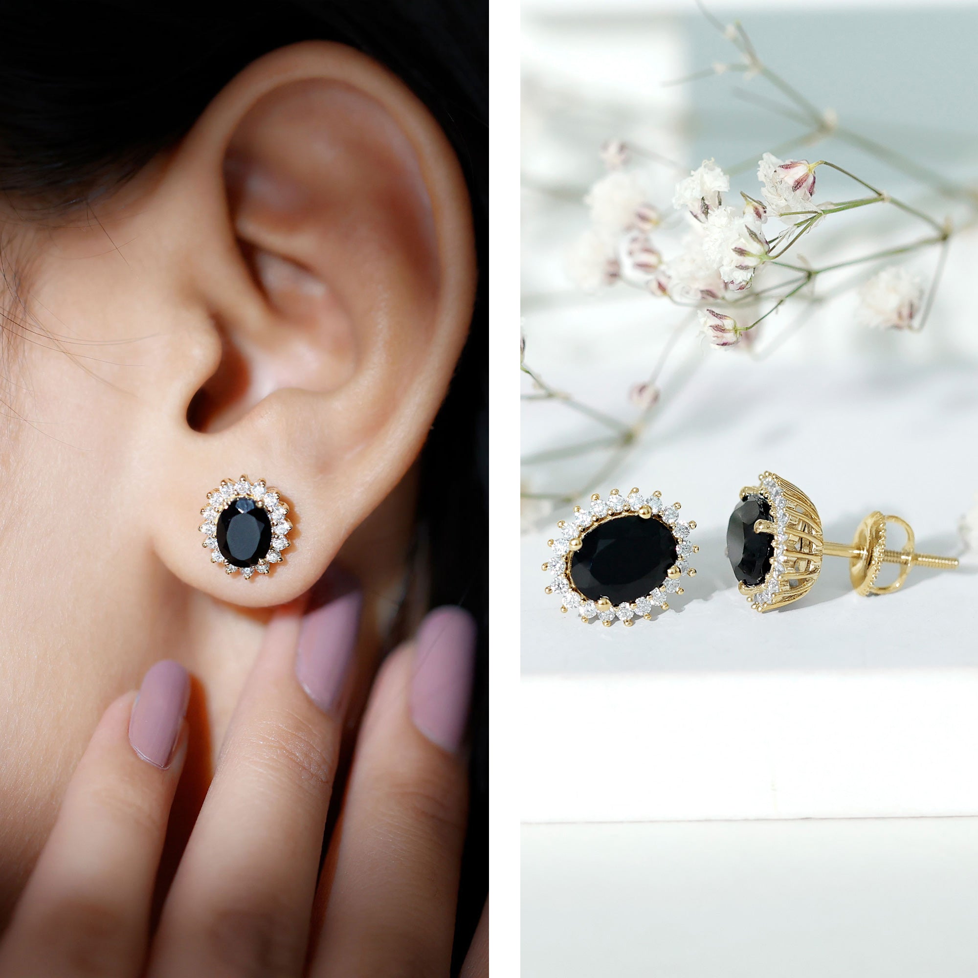 2 Carat Oval Cut Black Onyx Stud Earrings with Moissanite Halo AAA - Rosec Jewels