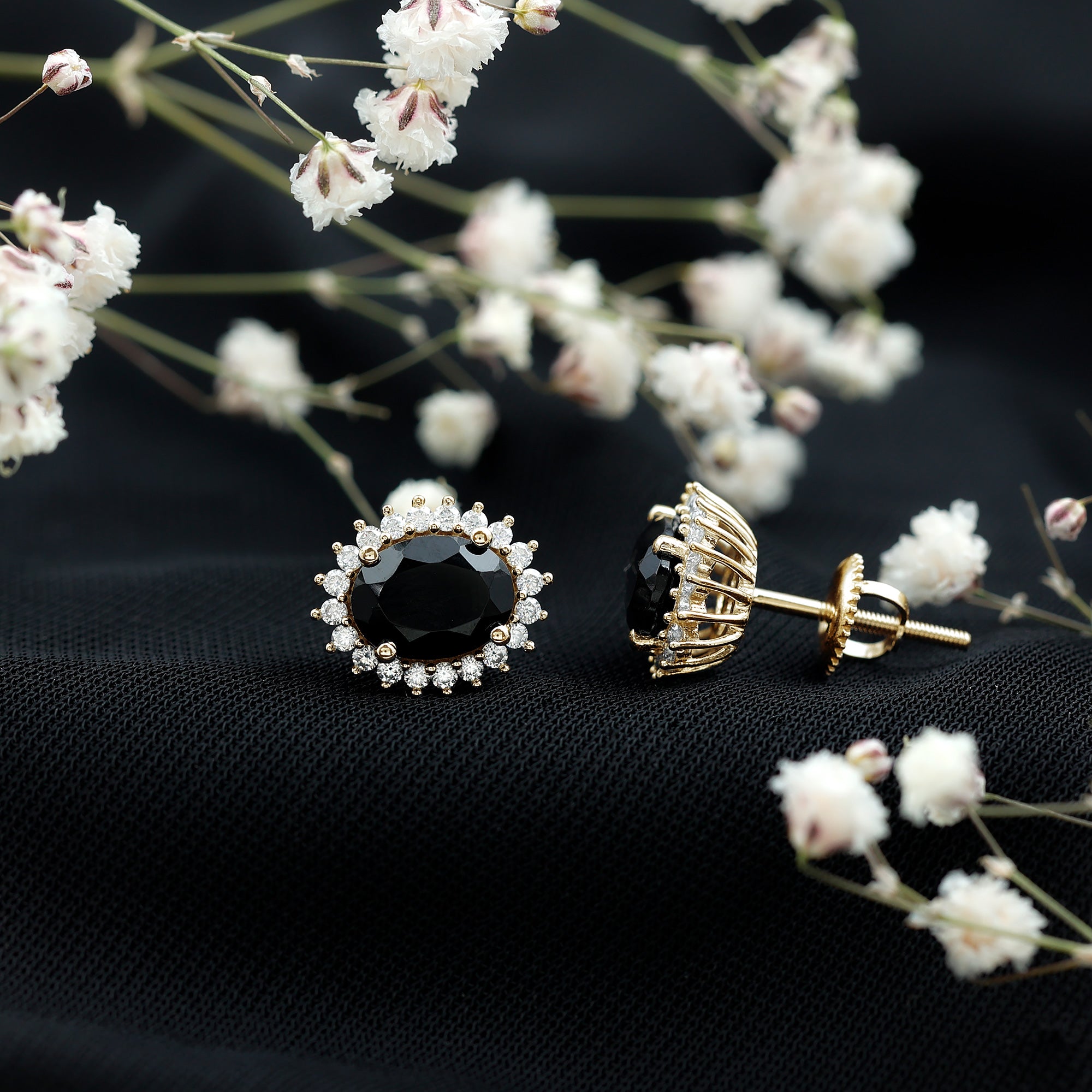 2 Carat Oval Cut Black Onyx Stud Earrings with Moissanite Halo AAA - Rosec Jewels