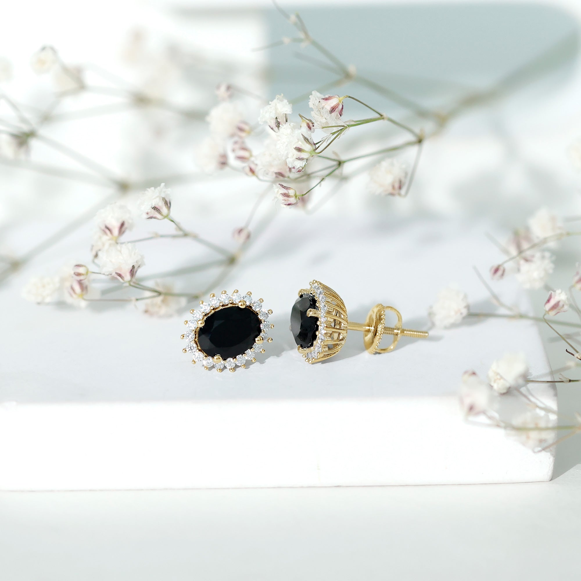 2 Carat Oval Cut Black Onyx Stud Earrings with Moissanite Halo AAA - Rosec Jewels