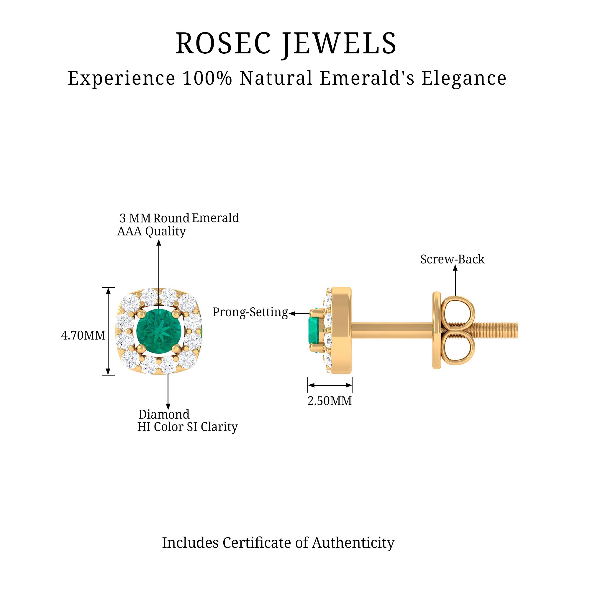 Minimalist Emerald and Diamond Halo Stud Earrings AAA - Rosec Jewels
