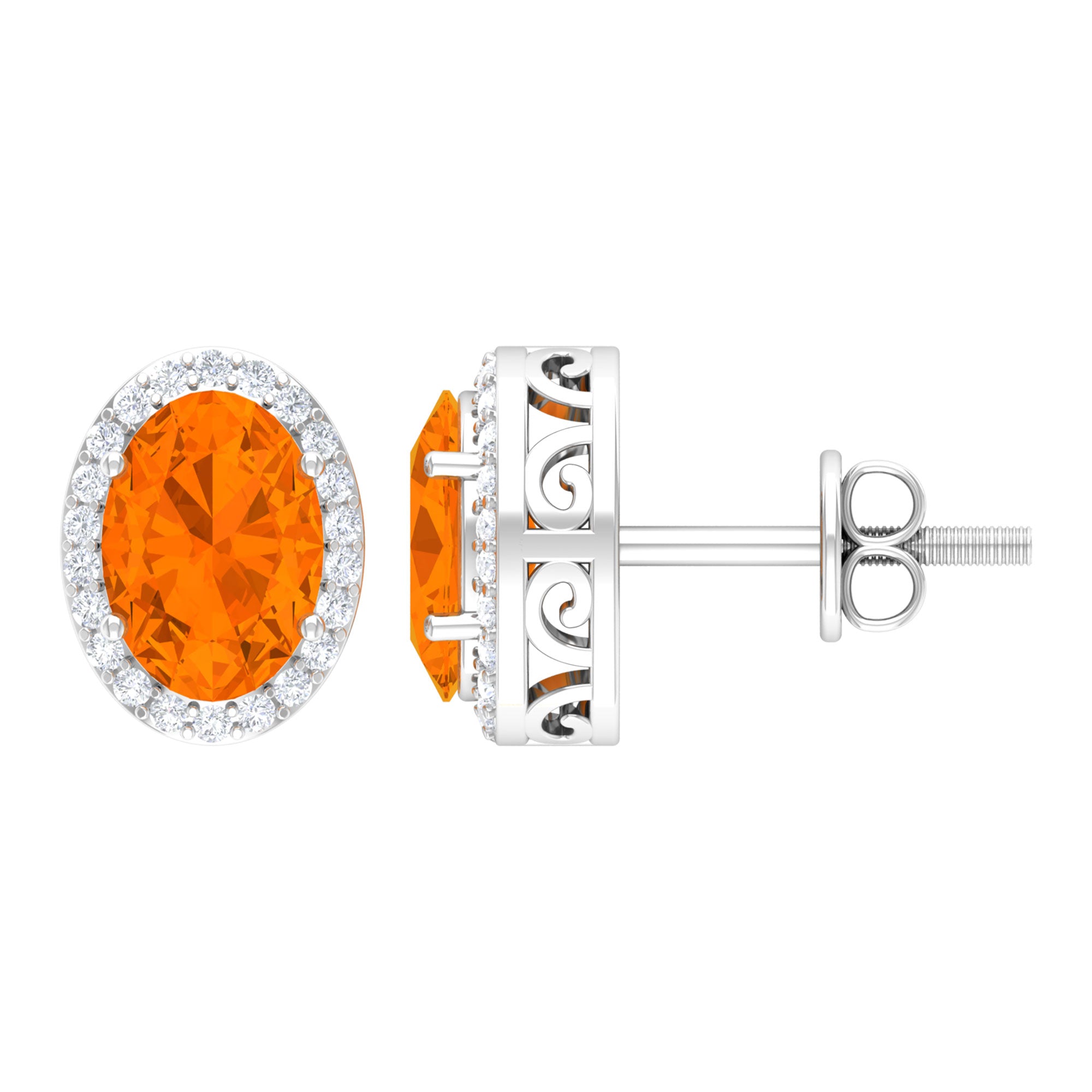 1.3 Carat Oval Cut Fire Opal and Diamond Halo Stud Earrings AAA - Rosec Jewels