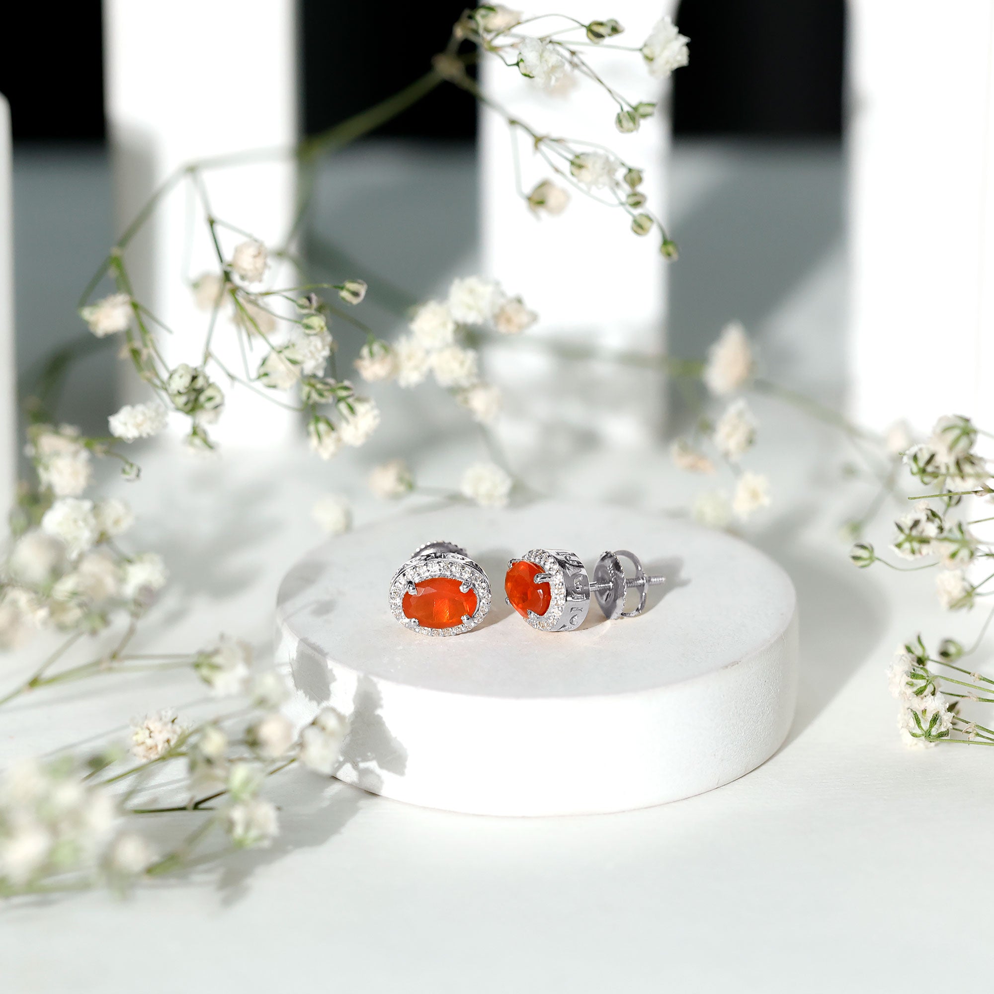 1.3 Carat Oval Cut Fire Opal and Diamond Halo Stud Earrings AAA - Rosec Jewels