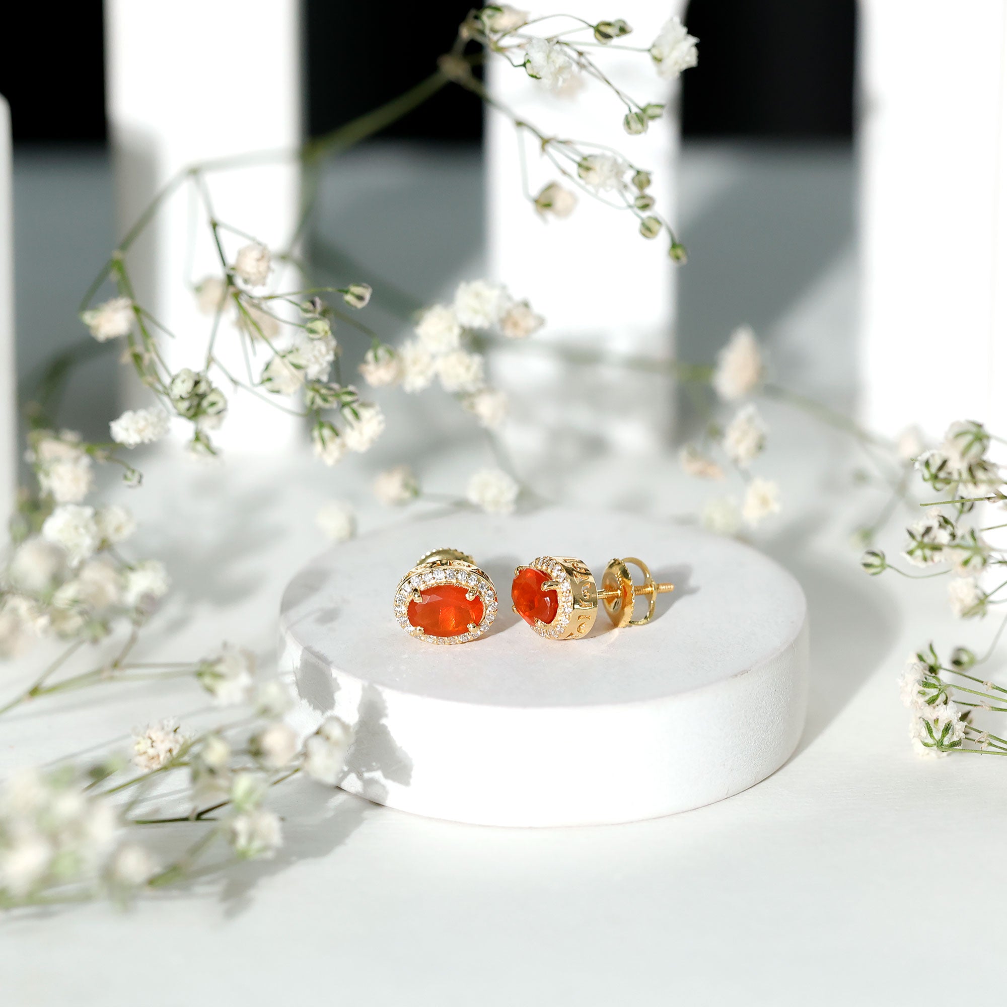 1.3 Carat Oval Cut Fire Opal and Diamond Halo Stud Earrings AAA - Rosec Jewels