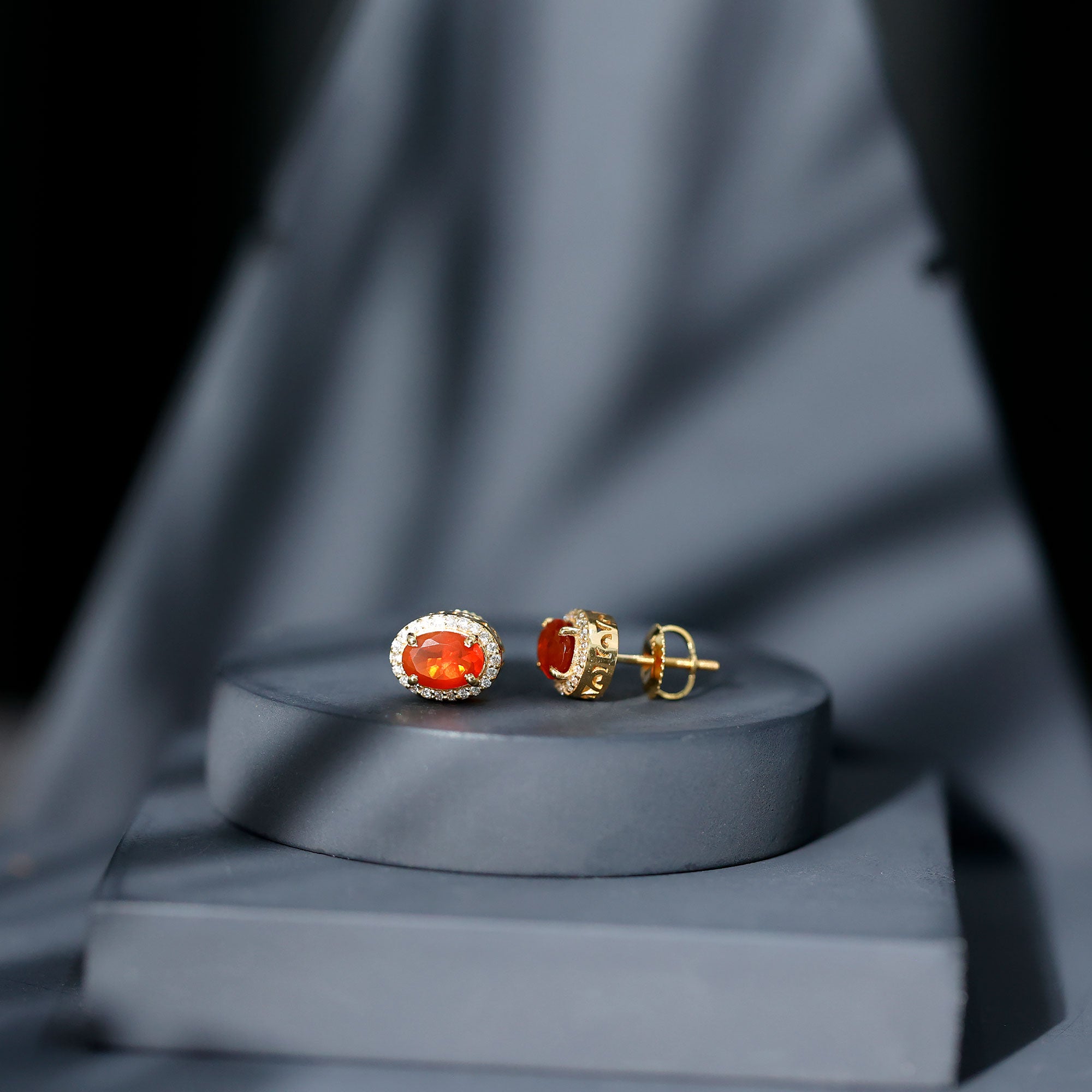 1.3 Carat Oval Cut Fire Opal and Diamond Halo Stud Earrings AAA - Rosec Jewels