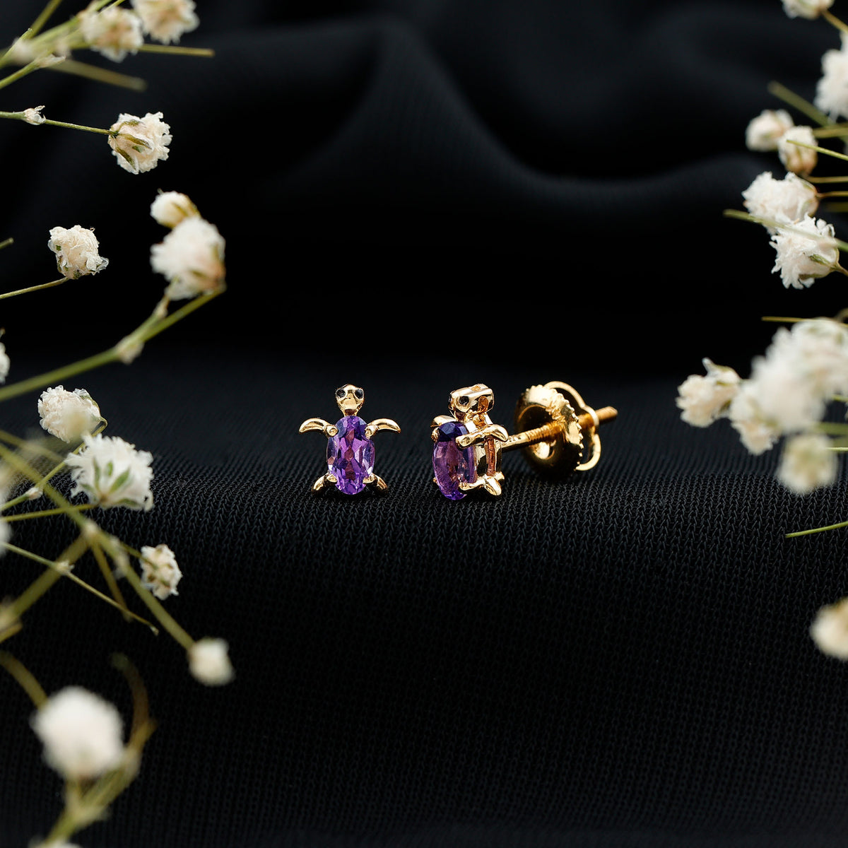 Natural Oval Amethyst Turtle Stud Earrings for Women AAA - Rosec Jewels