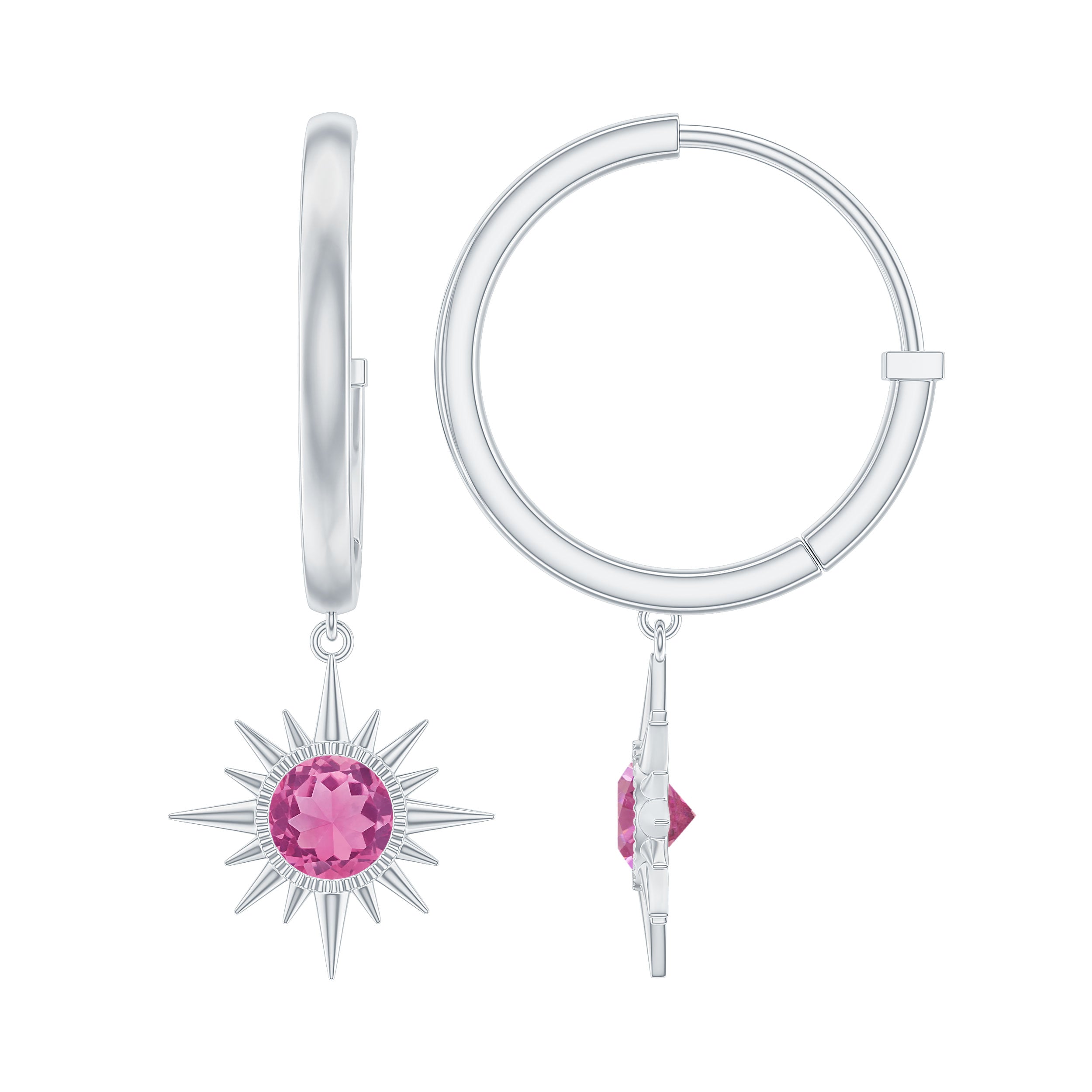 4MM Round Shape Pink Tourmaline Sunburst Hoop Drop Earrings AAA - Rosec Jewels