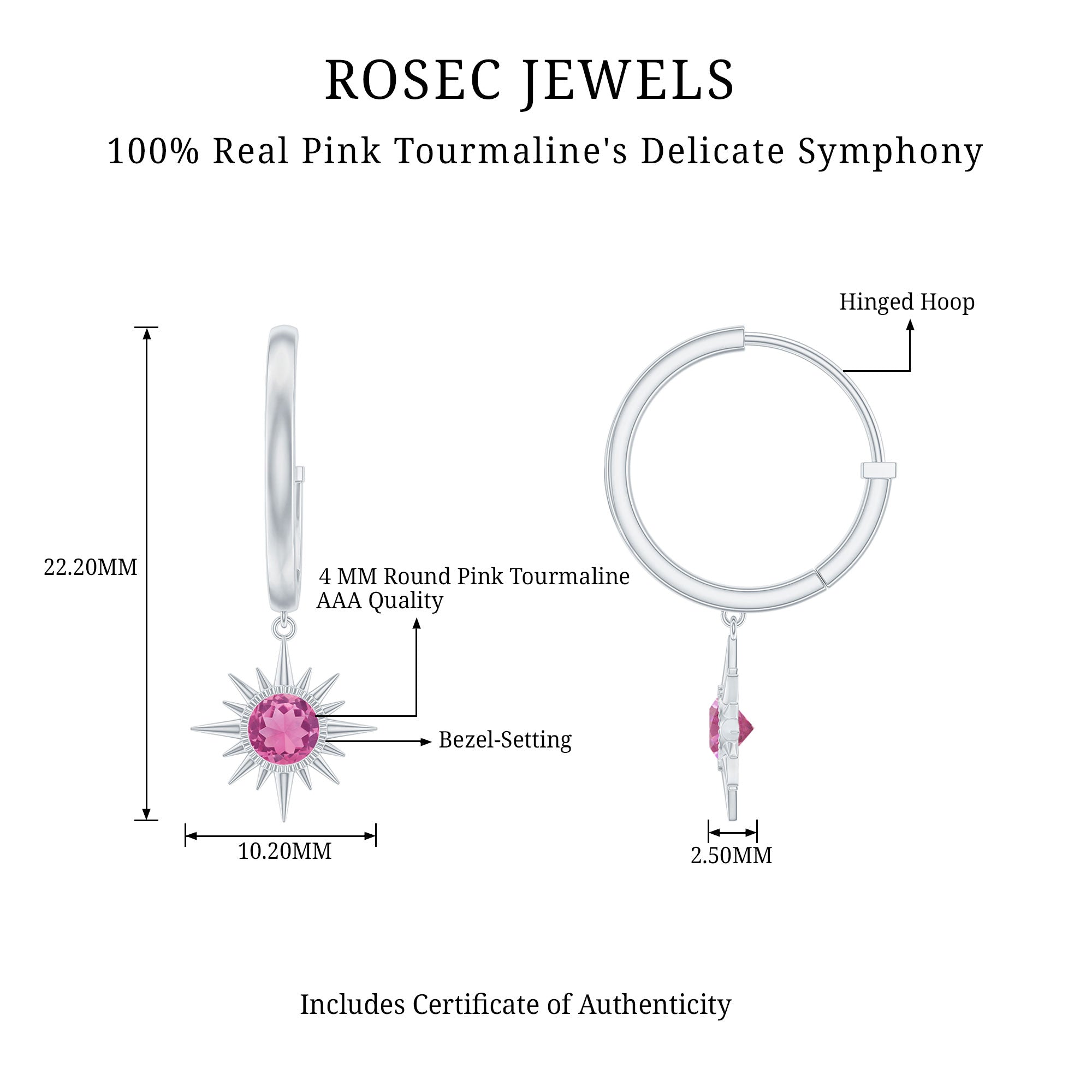 4MM Round Shape Pink Tourmaline Sunburst Hoop Drop Earrings AAA - Rosec Jewels