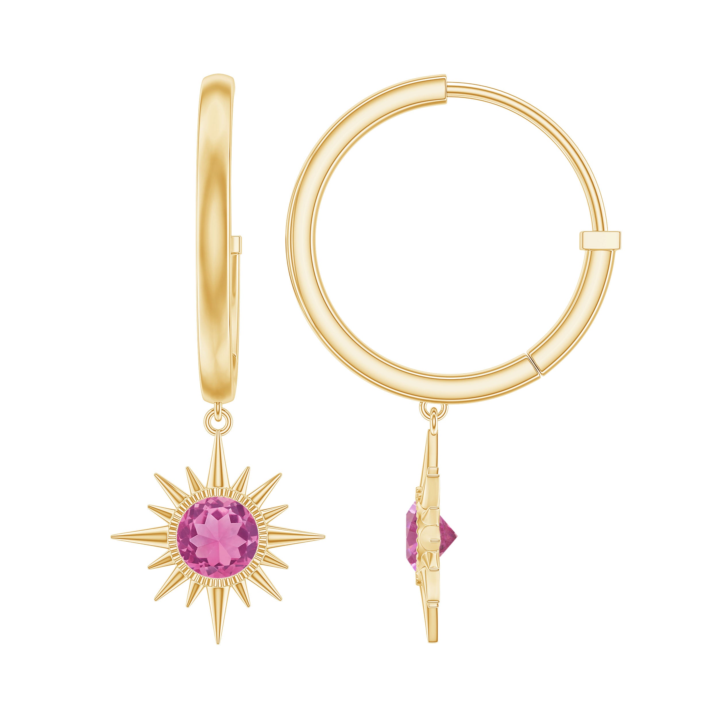 4MM Round Shape Pink Tourmaline Sunburst Hoop Drop Earrings AAA - Rosec Jewels