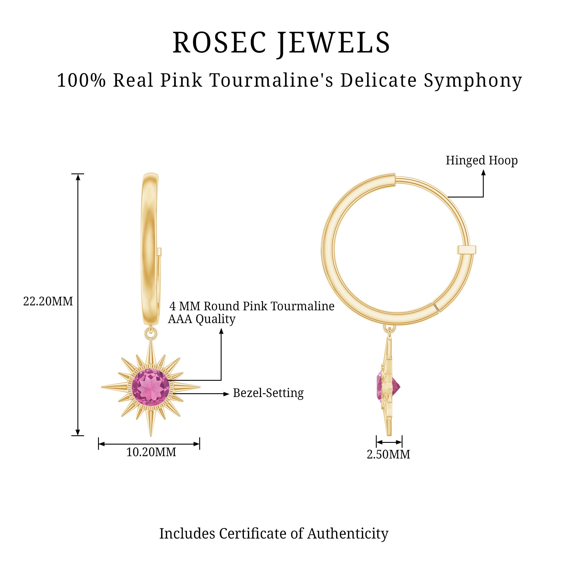 4MM Round Shape Pink Tourmaline Sunburst Hoop Drop Earrings AAA - Rosec Jewels
