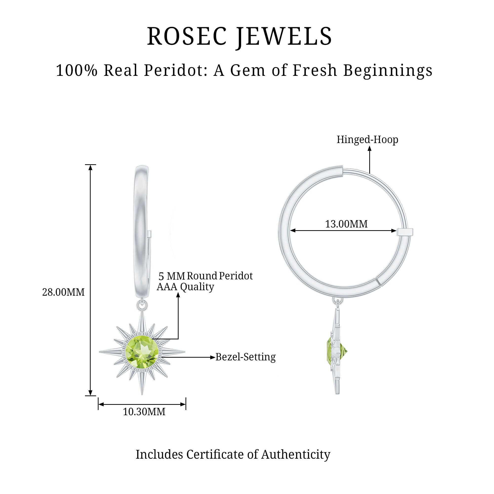 Round Shape 1 Carat Peridot Sunburst Hoop Drop Earrings For Women AAA - Rosec Jewels