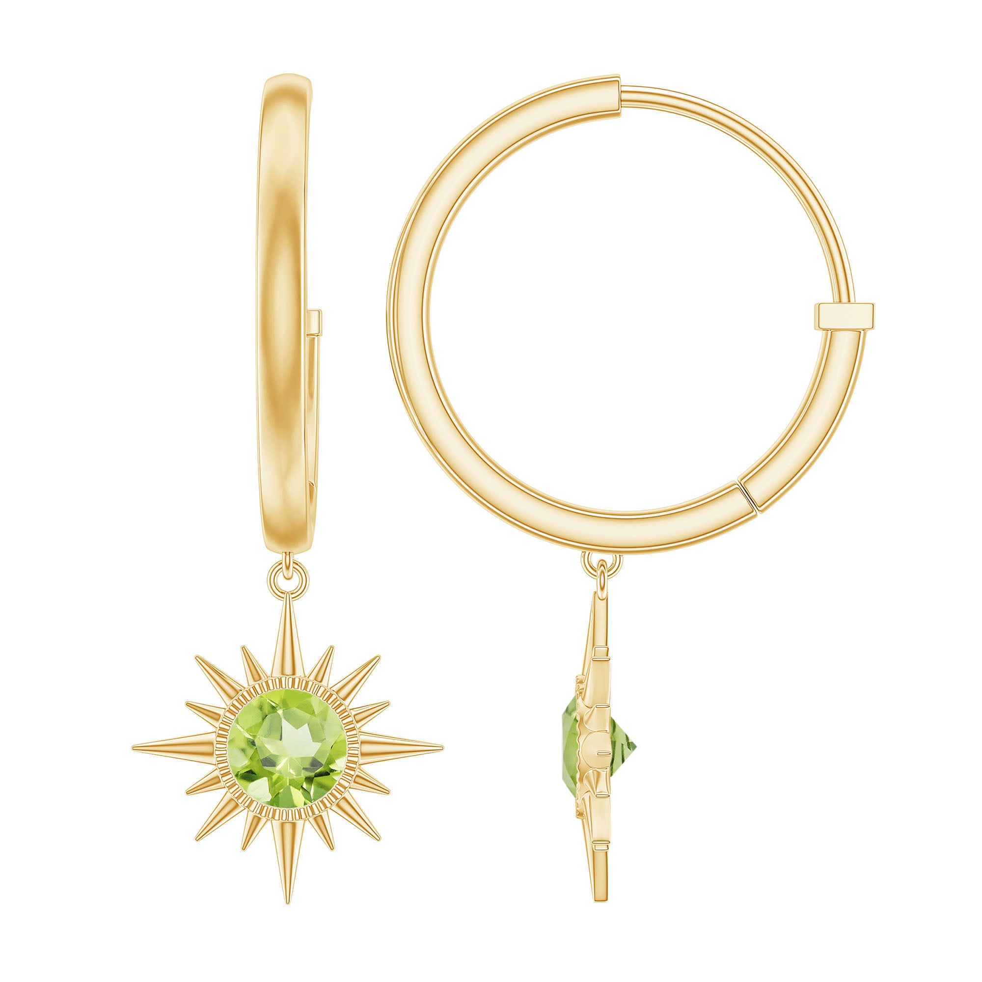 Round Shape 1 Carat Peridot Sunburst Hoop Drop Earrings For Women AAA - Rosec Jewels