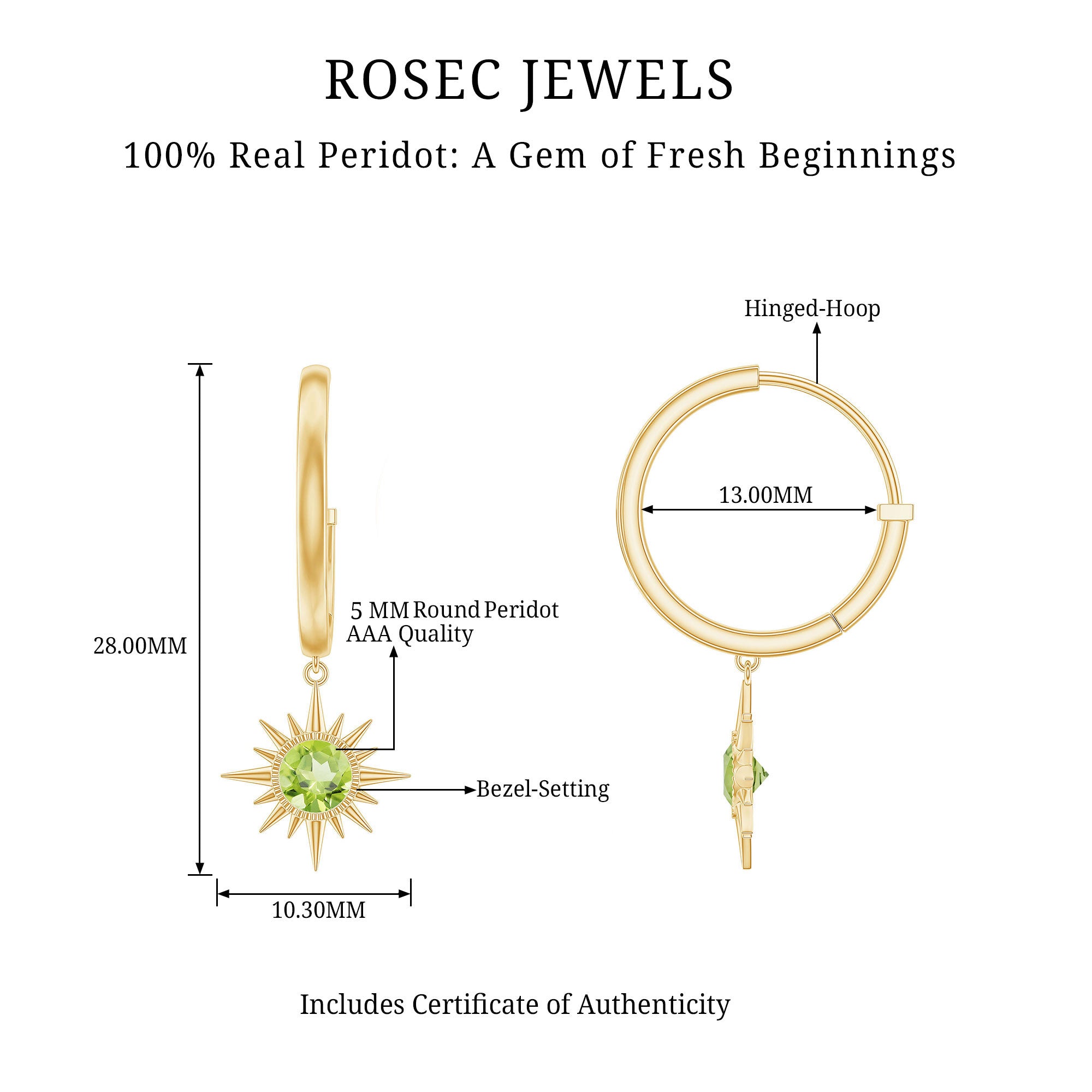 Round Shape 1 Carat Peridot Sunburst Hoop Drop Earrings For Women AAA - Rosec Jewels