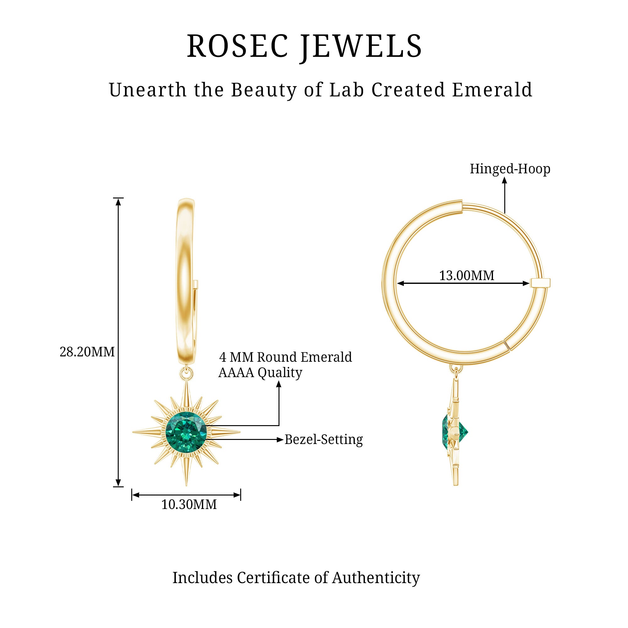 0.5 Carat Round Cut Lab Created Emerald Sunburst Hoop Earrings AAAA - Rosec Jewels
