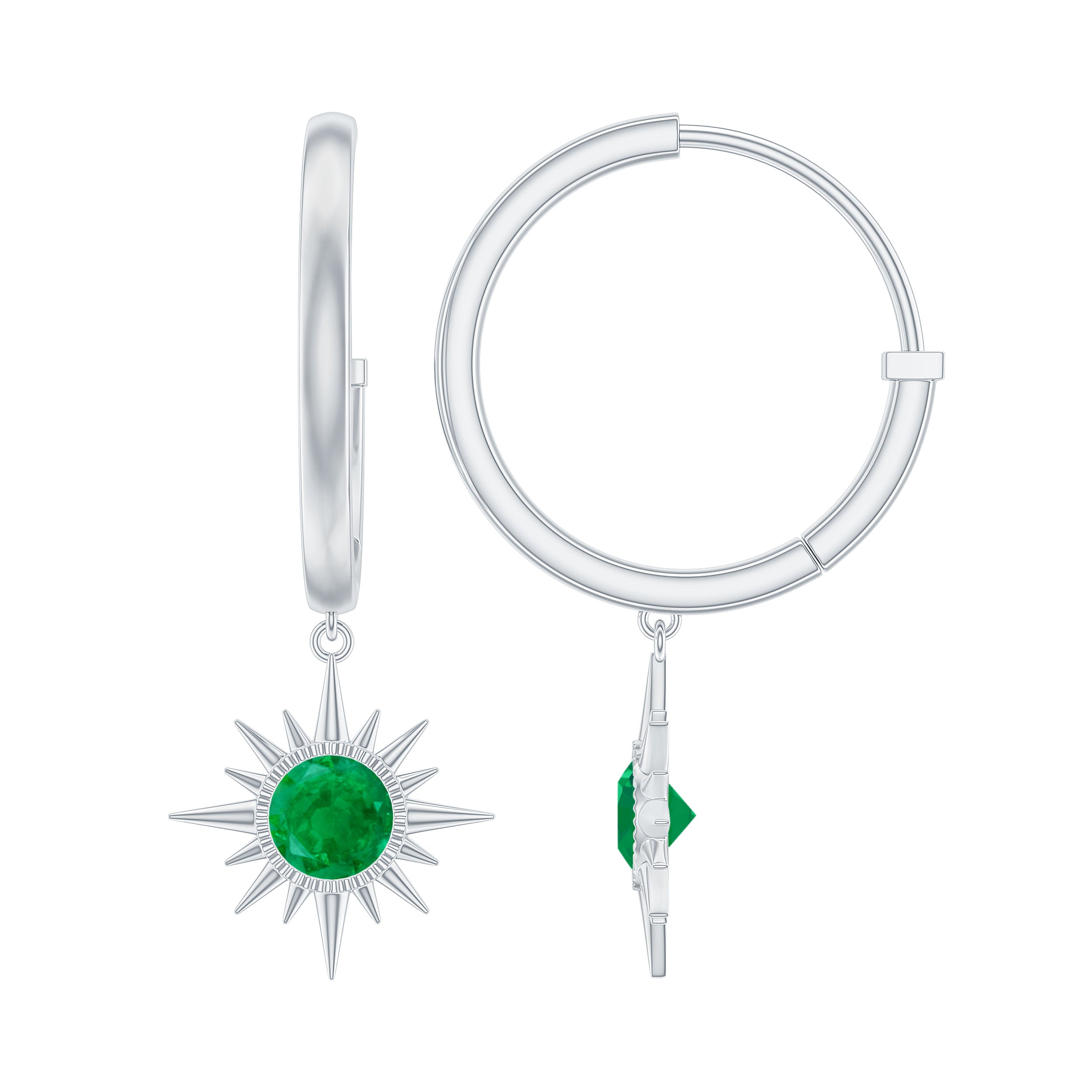 Real Emerald Sunburst Hoop Drop Earrings with Certificate AAA - Rosec Jewels