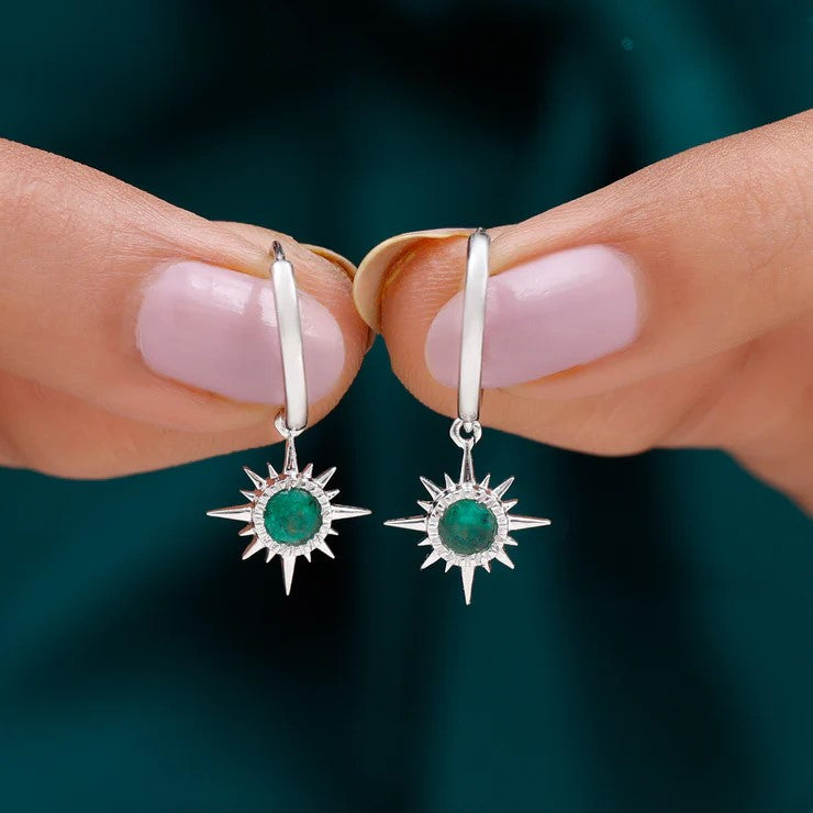 Real Emerald Sunburst Hoop Drop Earrings with Certificate AAA - Rosec Jewels