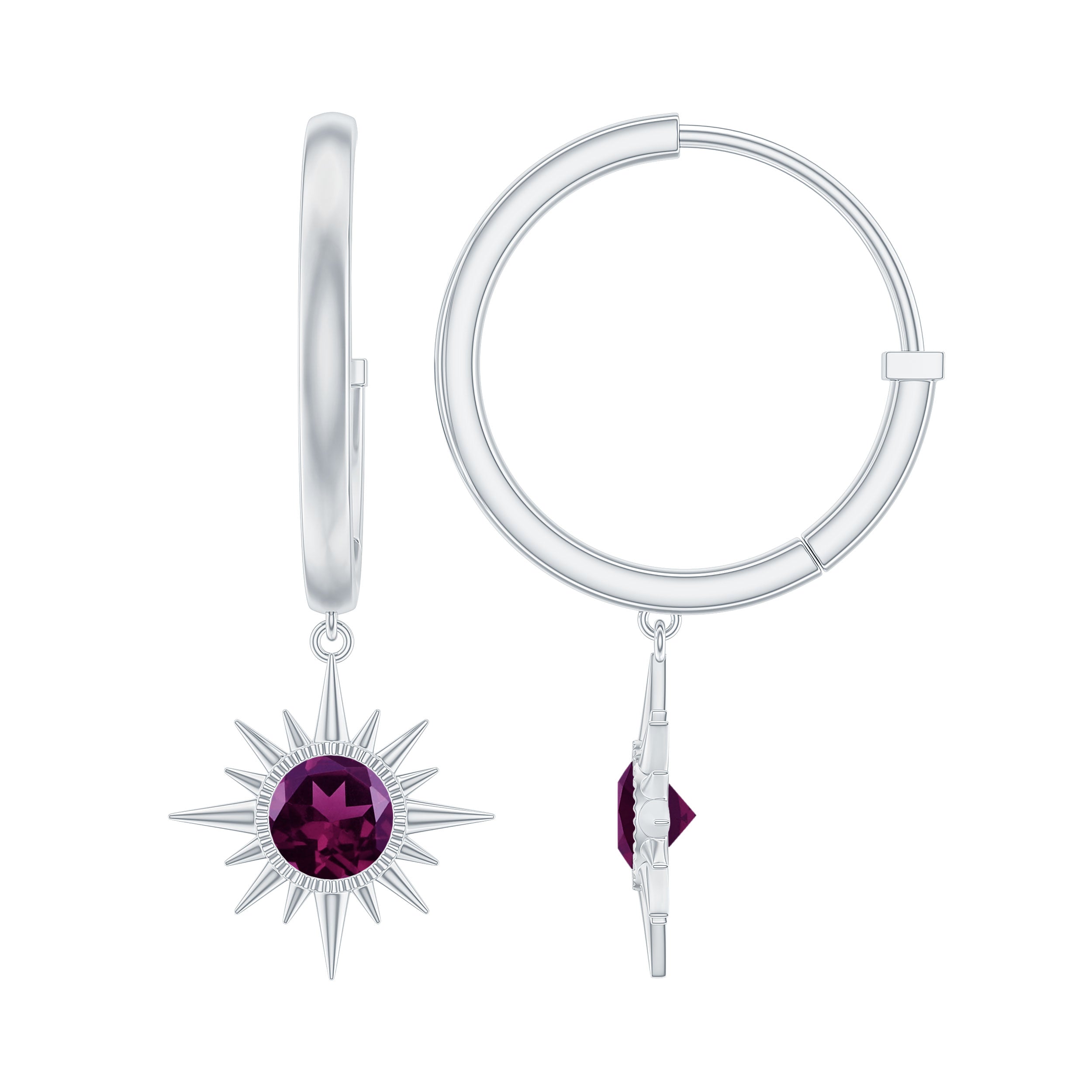 3/4 CT Milgrain Bezel Set Rhodolite Sunburst Drop Hoop Earrings