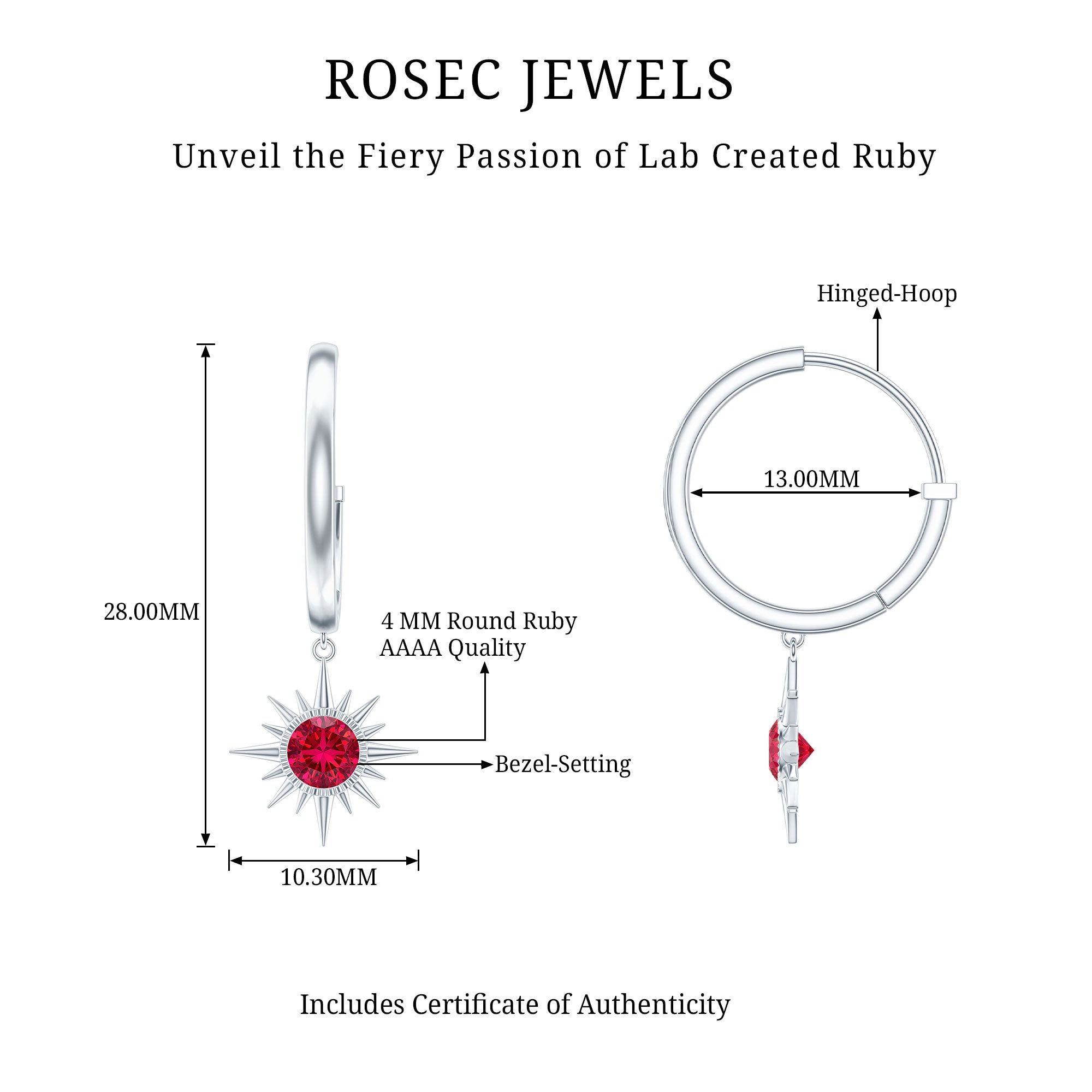 Lab Created Ruby Hoop Drop Earrings With Certificate AAAA - Rosec Jewels