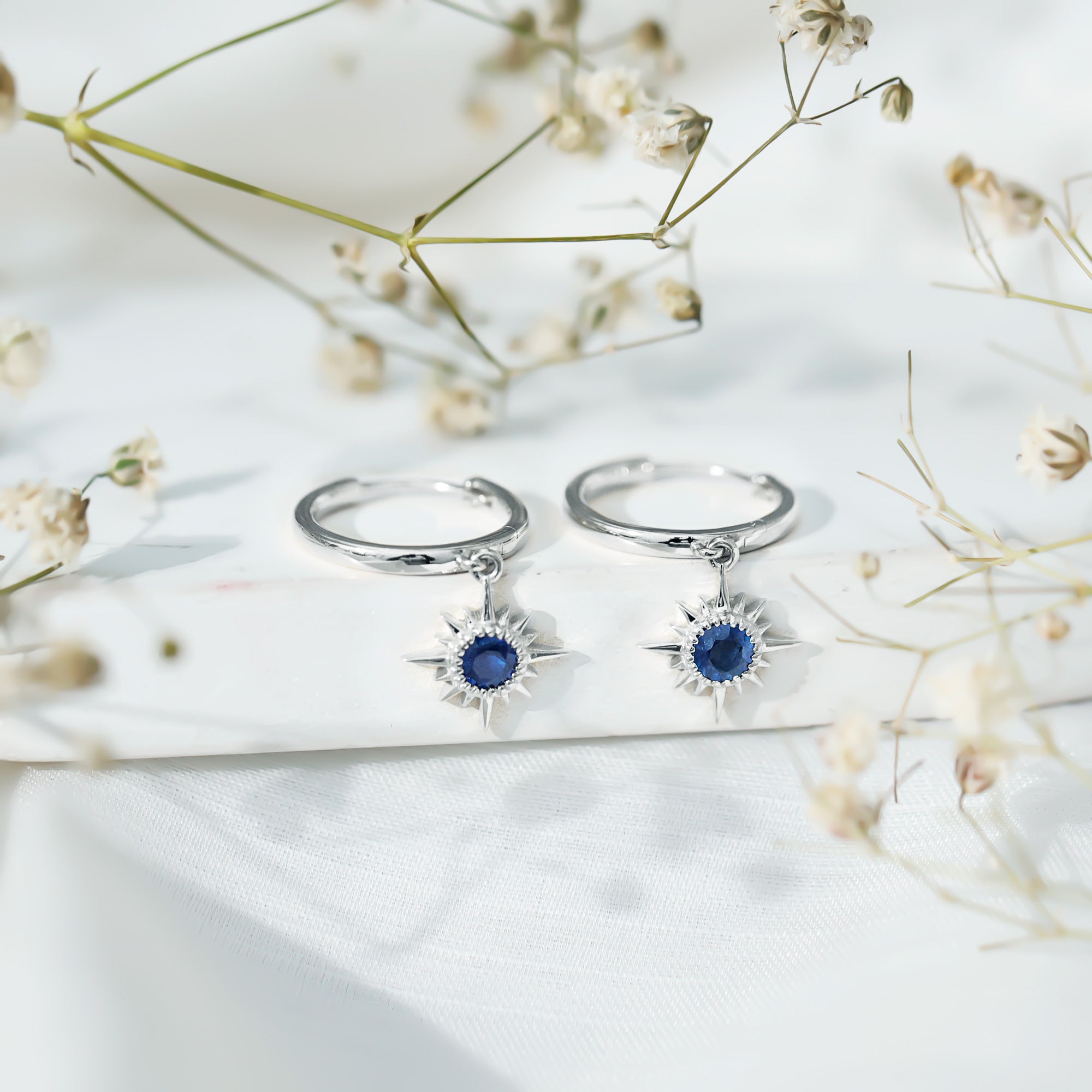 Bezel Set Blue Sapphire Sunburst Drop Hoop Earrings AAA - Rosec Jewels