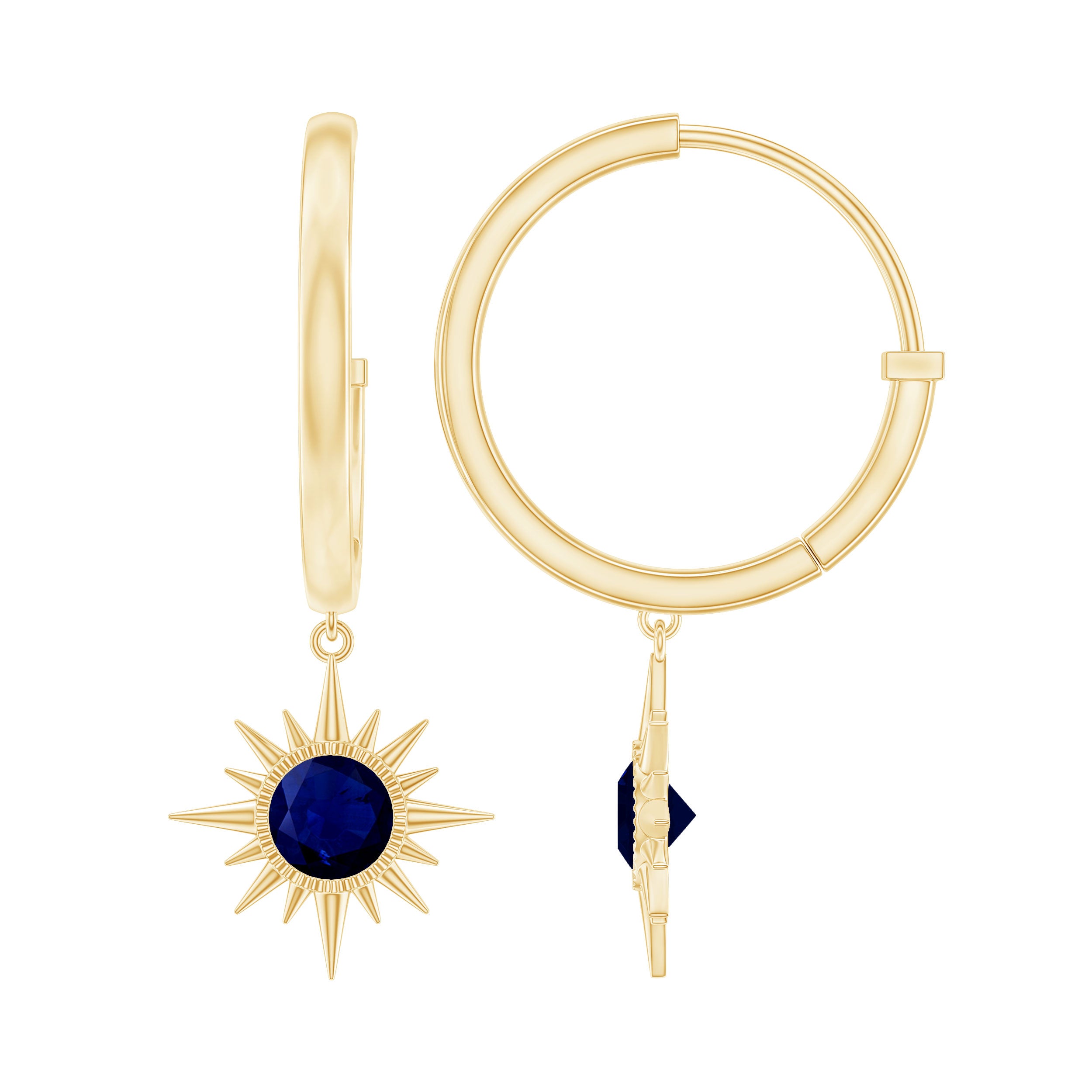 Bezel Set Blue Sapphire Sunburst Drop Hoop Earrings AAA - Rosec Jewels