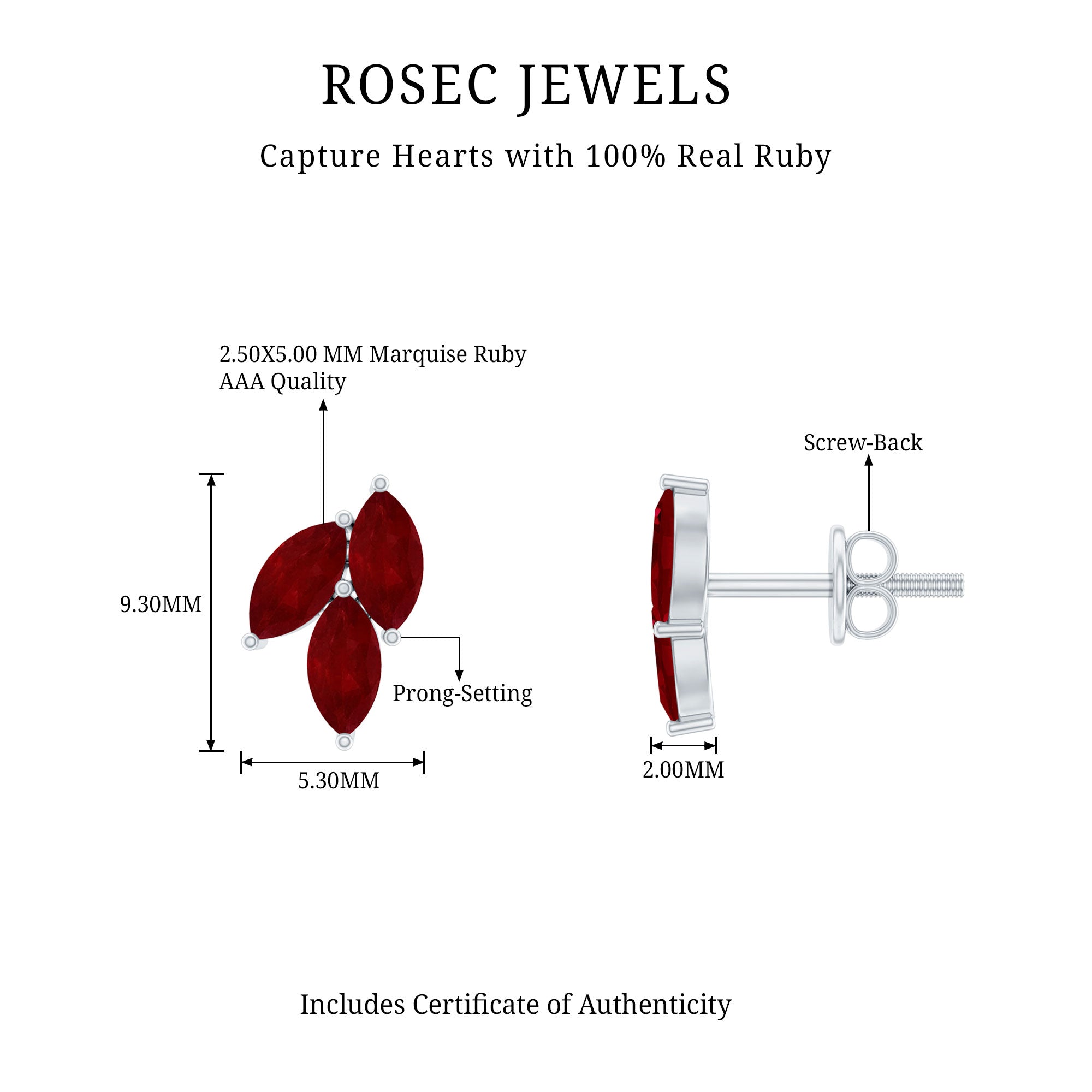 Certified Marquise Shape Ruby Leaf Stud Earrings for Women AAA - Rosec Jewels