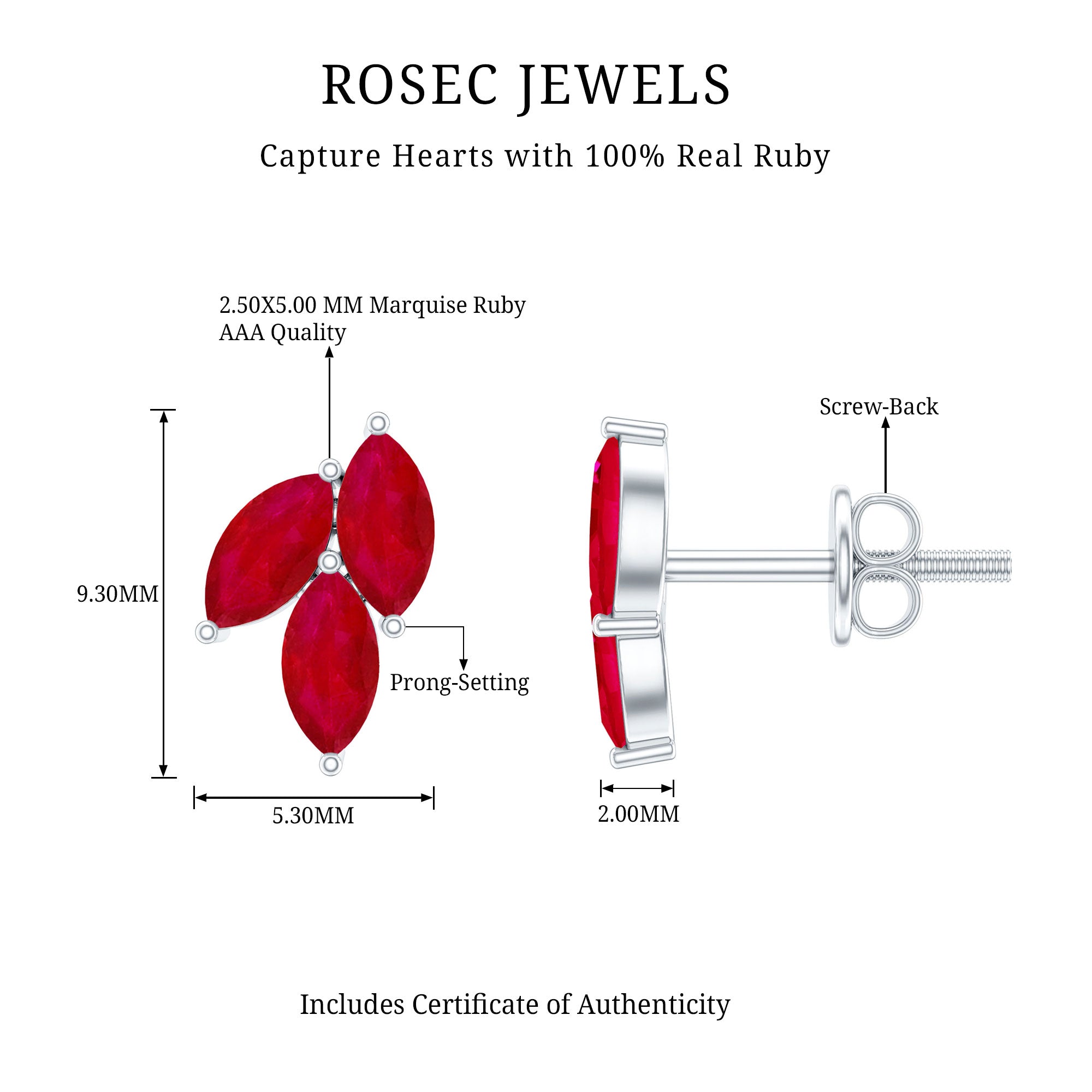 Certified Marquise Shape Ruby Leaf Stud Earrings for Women AAA - Rosec Jewels