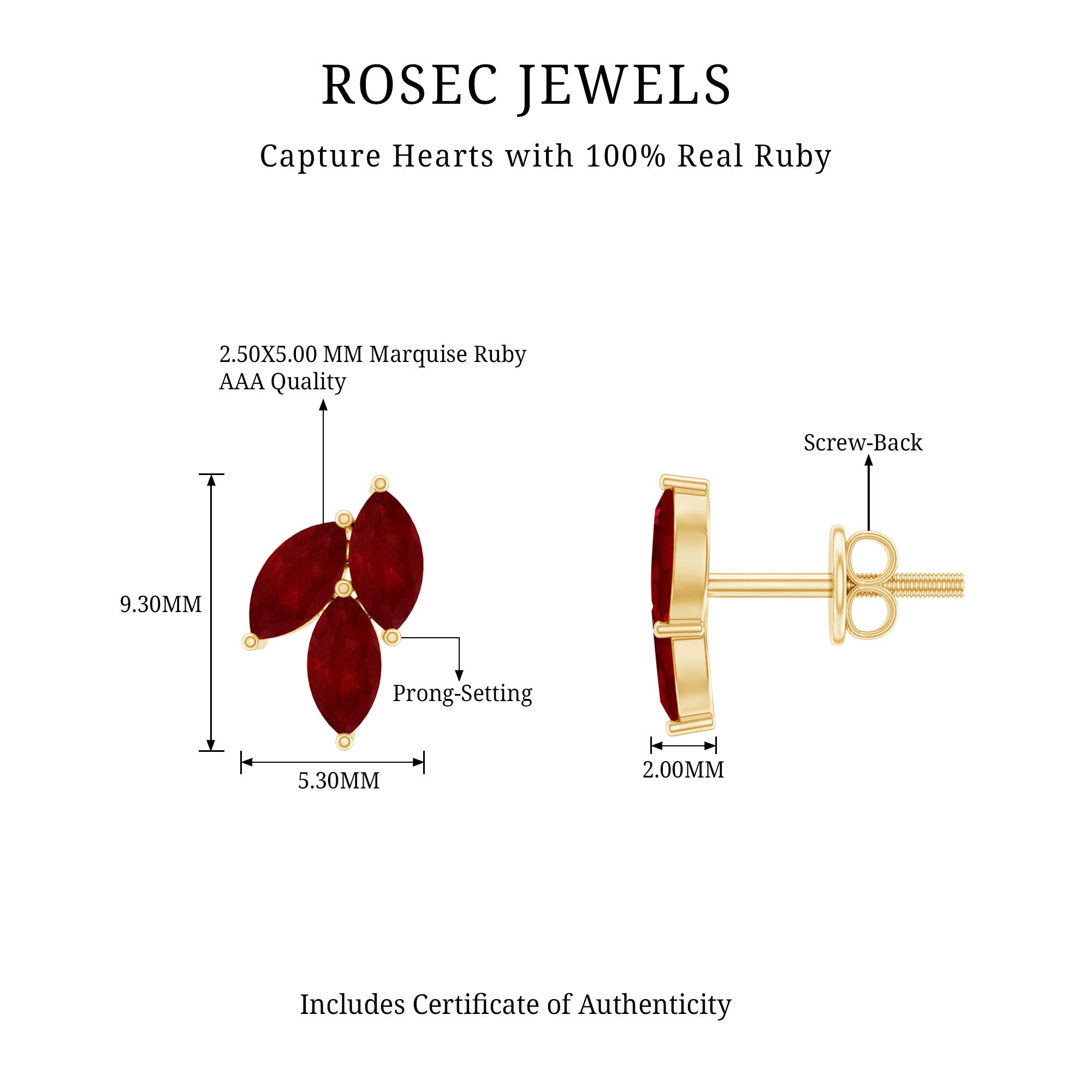 Certified Marquise Shape Ruby Leaf Stud Earrings for Women AAA - Rosec Jewels