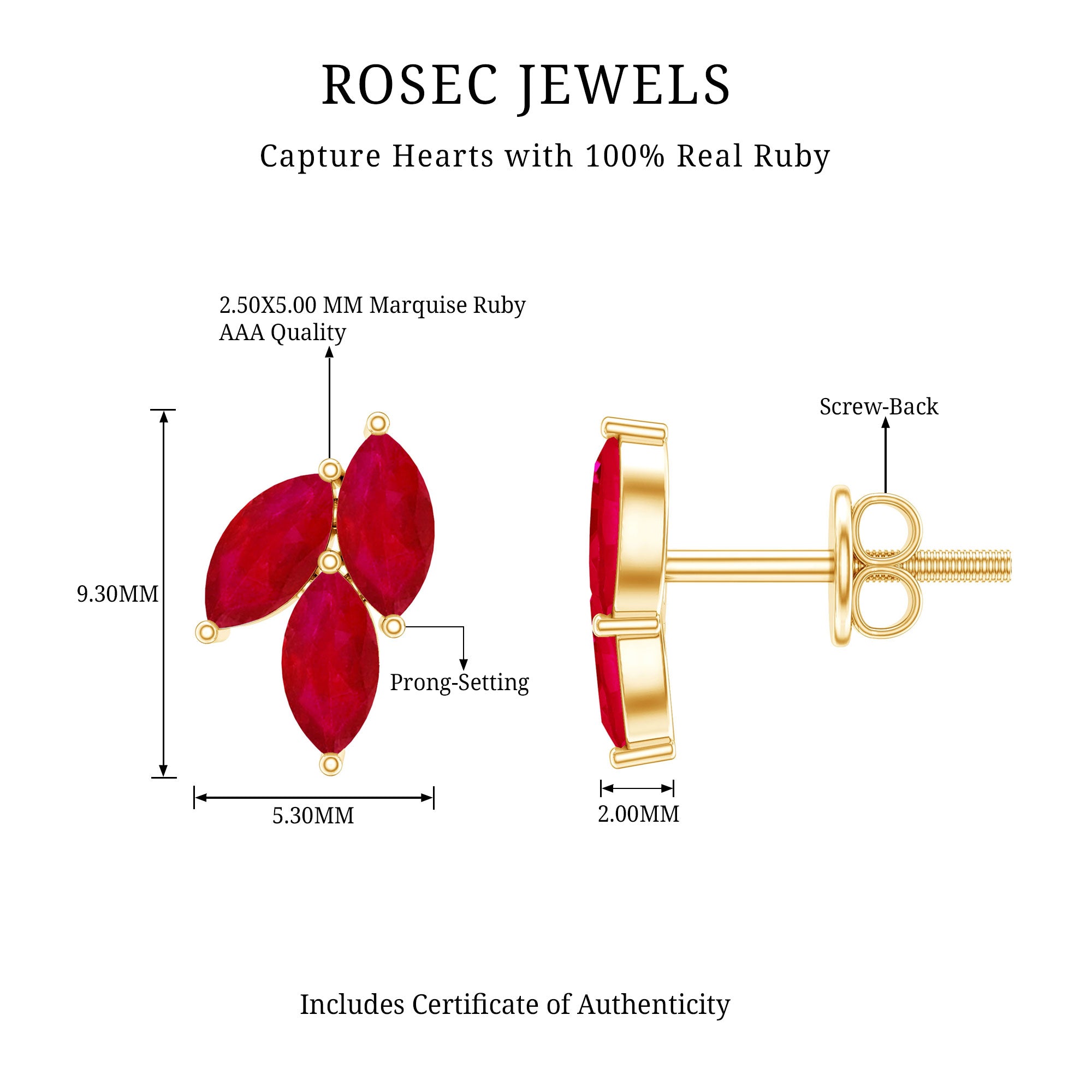 Certified Marquise Shape Ruby Leaf Stud Earrings for Women AAA - Rosec Jewels