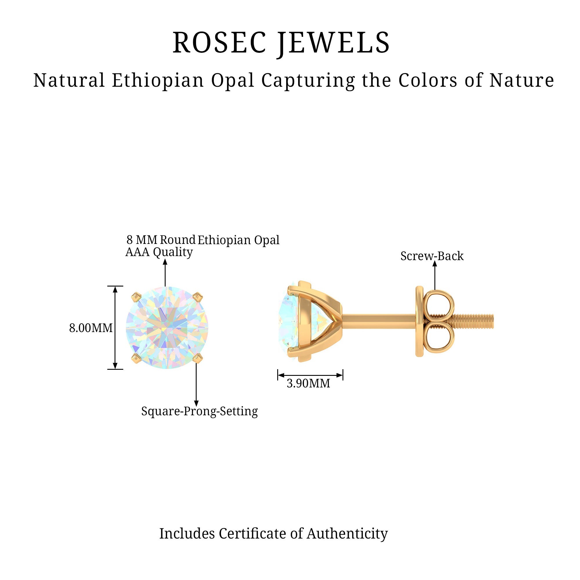4 Carat Round Cut Ethiopian Opal Solitaire Stud Earrings AAA - Rosec Jewels