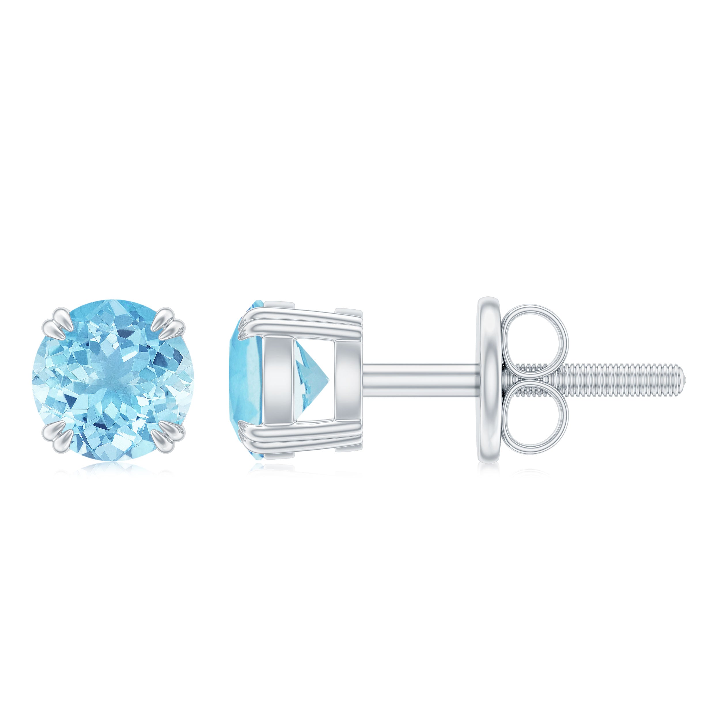 4MM Genuine Aquamarine Solitaire Stud Earrings in Double Claw Prong Setting