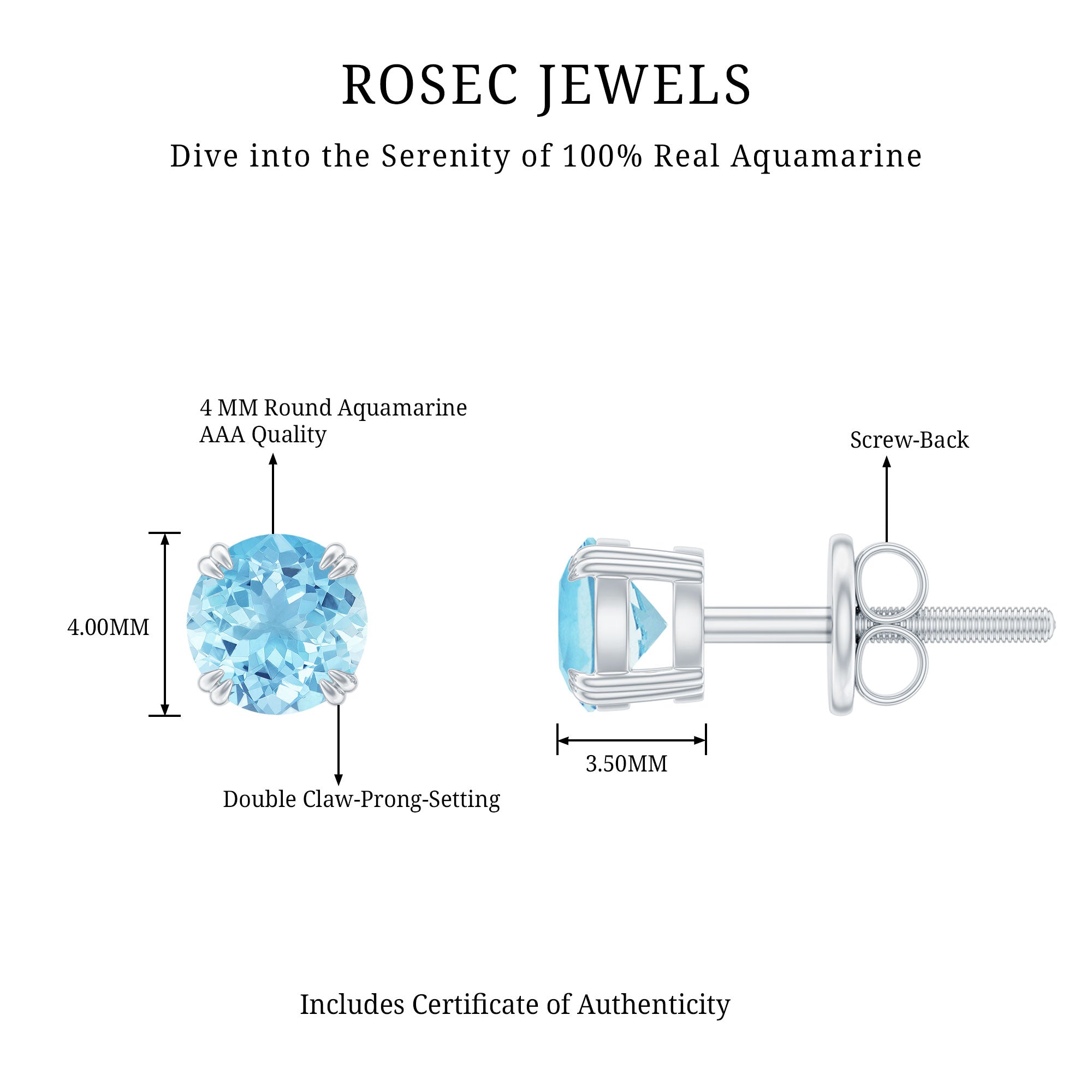 4MM Genuine Aquamarine Solitaire Stud Earrings in Double Claw Prong Setting AAA - Rosec Jewels