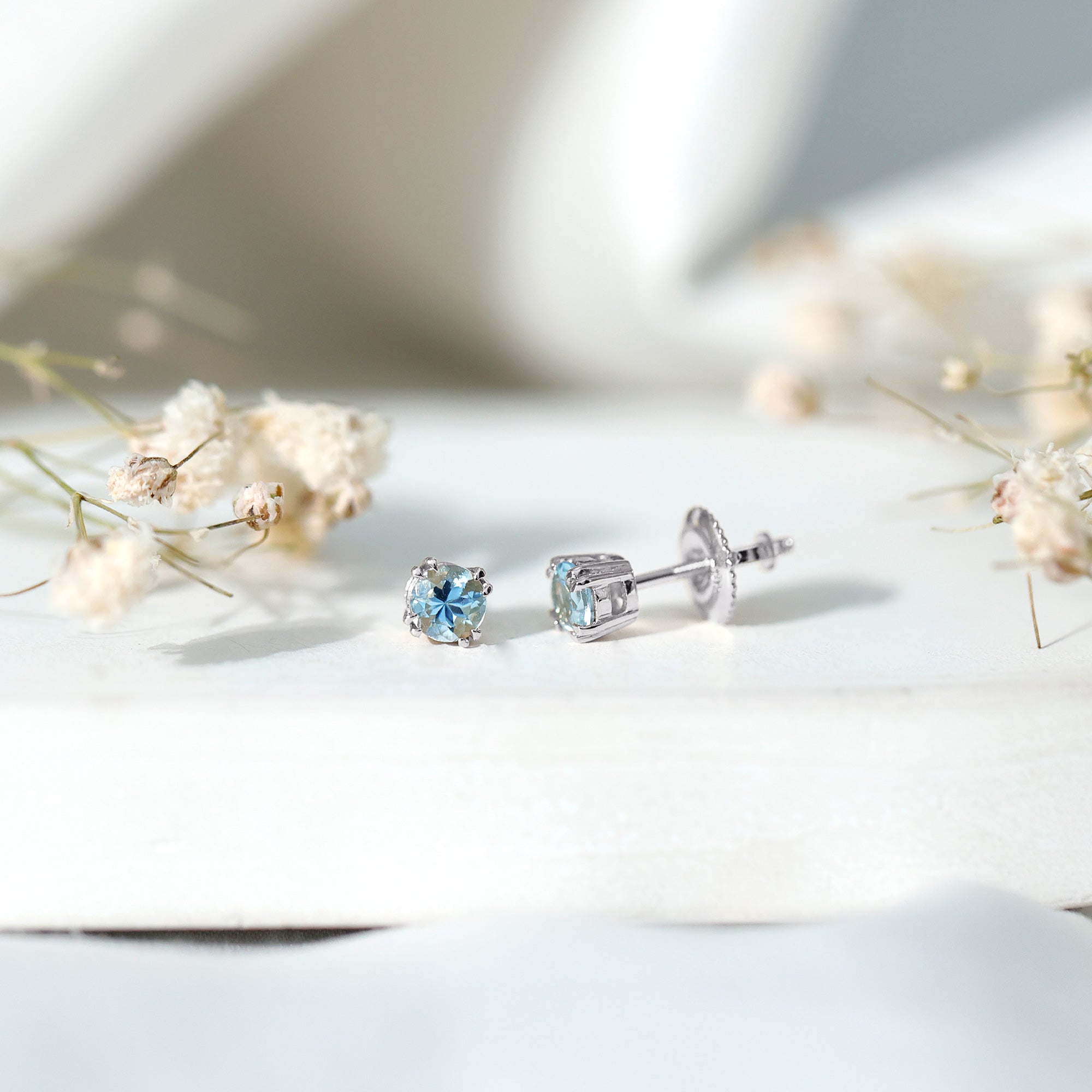 4MM Genuine Aquamarine Solitaire Stud Earrings in Double Claw Prong Setting AAA - Rosec Jewels