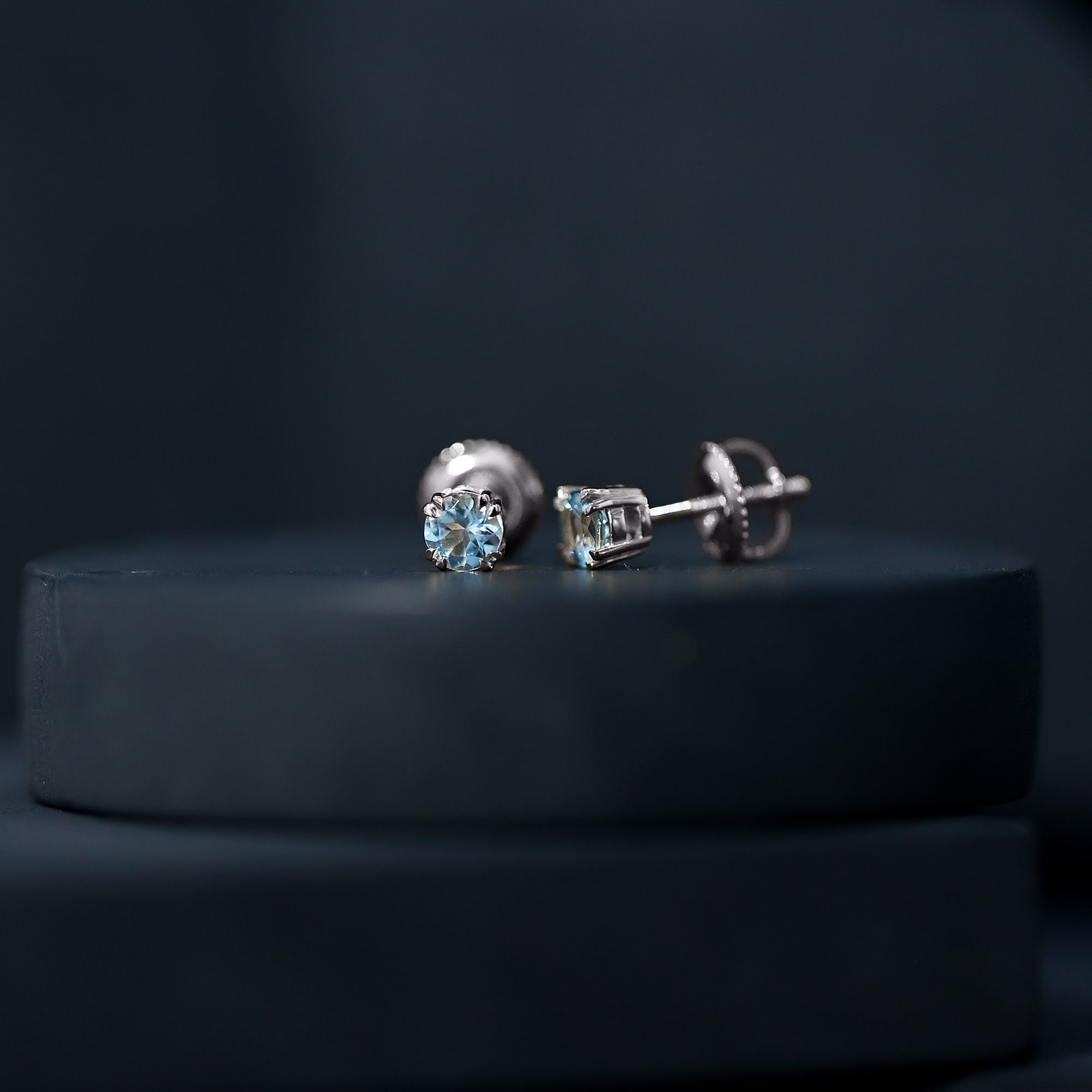 4MM Genuine Aquamarine Solitaire Stud Earrings in Double Claw Prong Setting AAA - Rosec Jewels