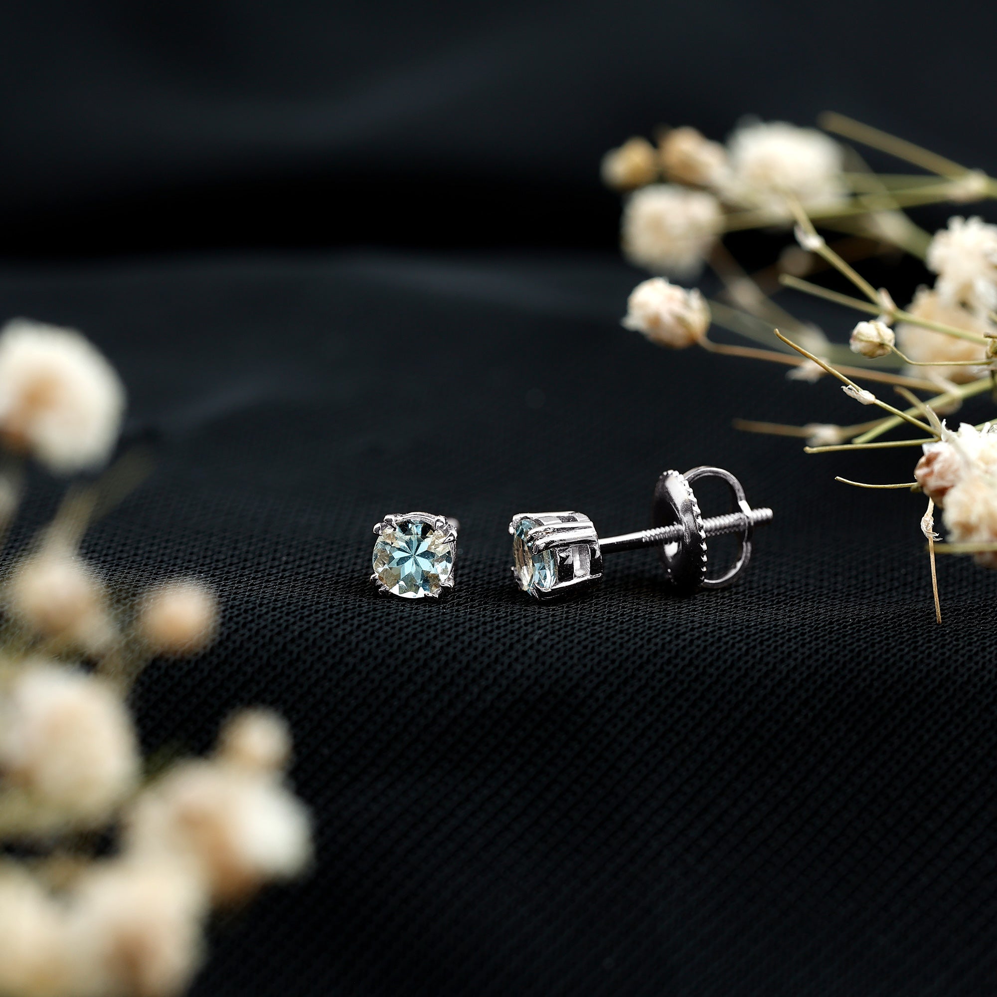 4MM Genuine Aquamarine Solitaire Stud Earrings in Double Claw Prong Setting AAA - Rosec Jewels