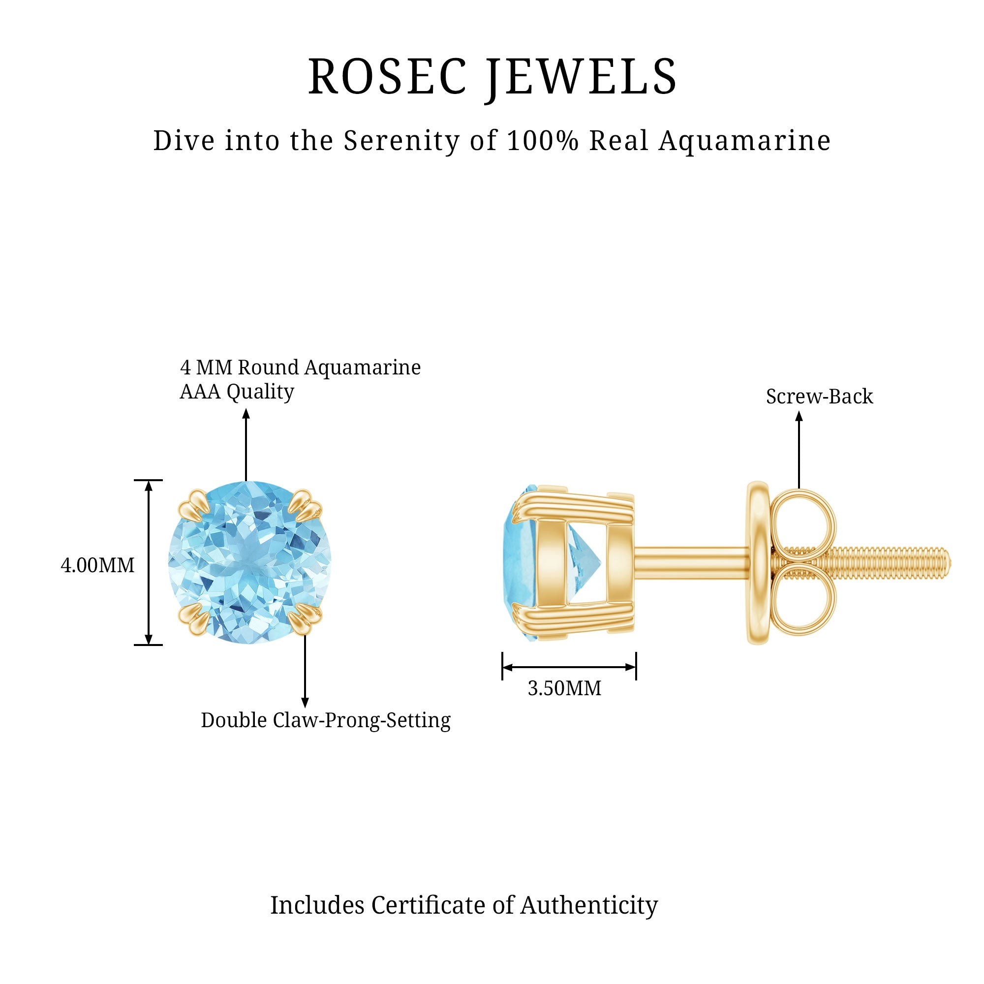 4MM Genuine Aquamarine Solitaire Stud Earrings in Double Claw Prong Setting AAA - Rosec Jewels