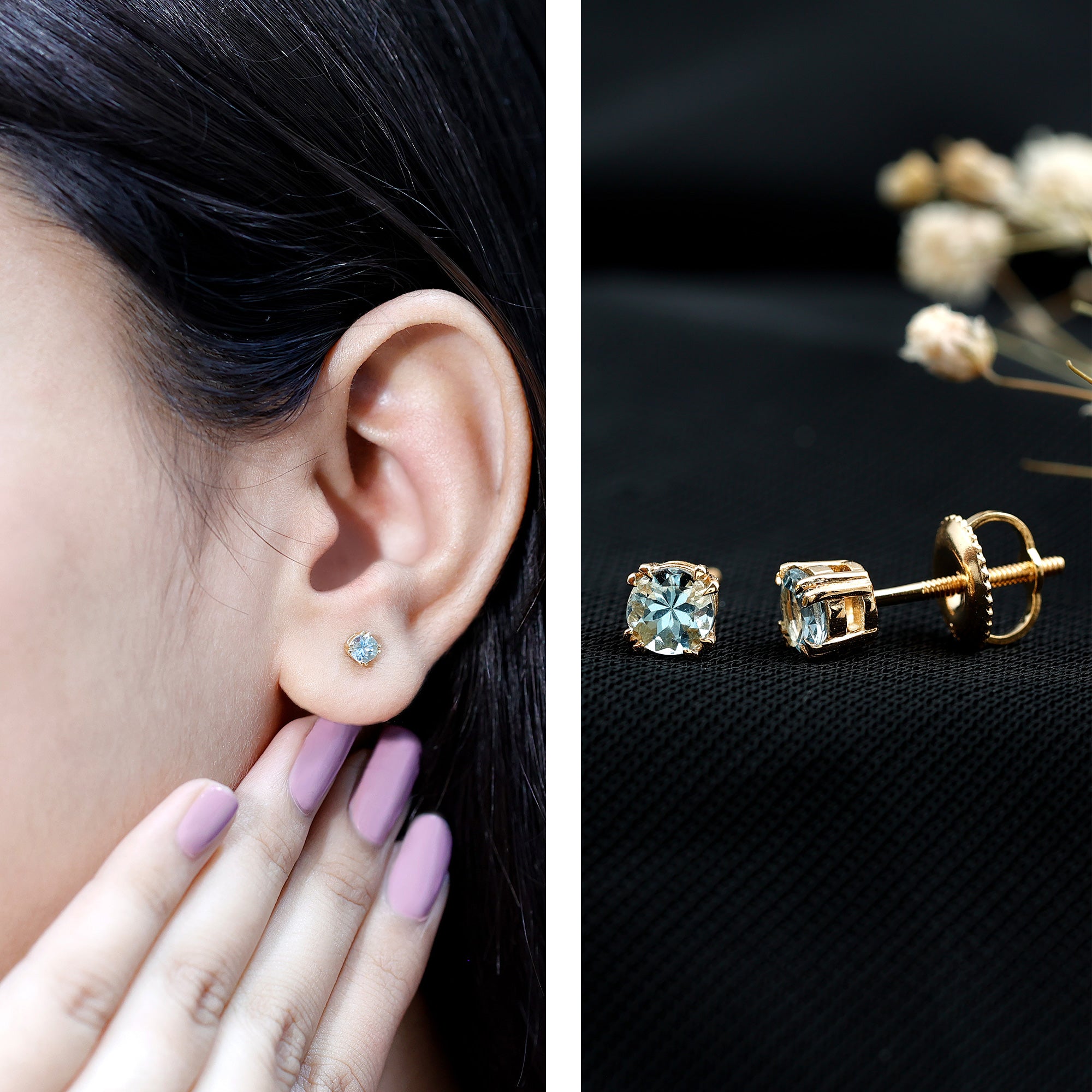 4MM Genuine Aquamarine Solitaire Stud Earrings in Double Claw Prong Setting AAA - Rosec Jewels
