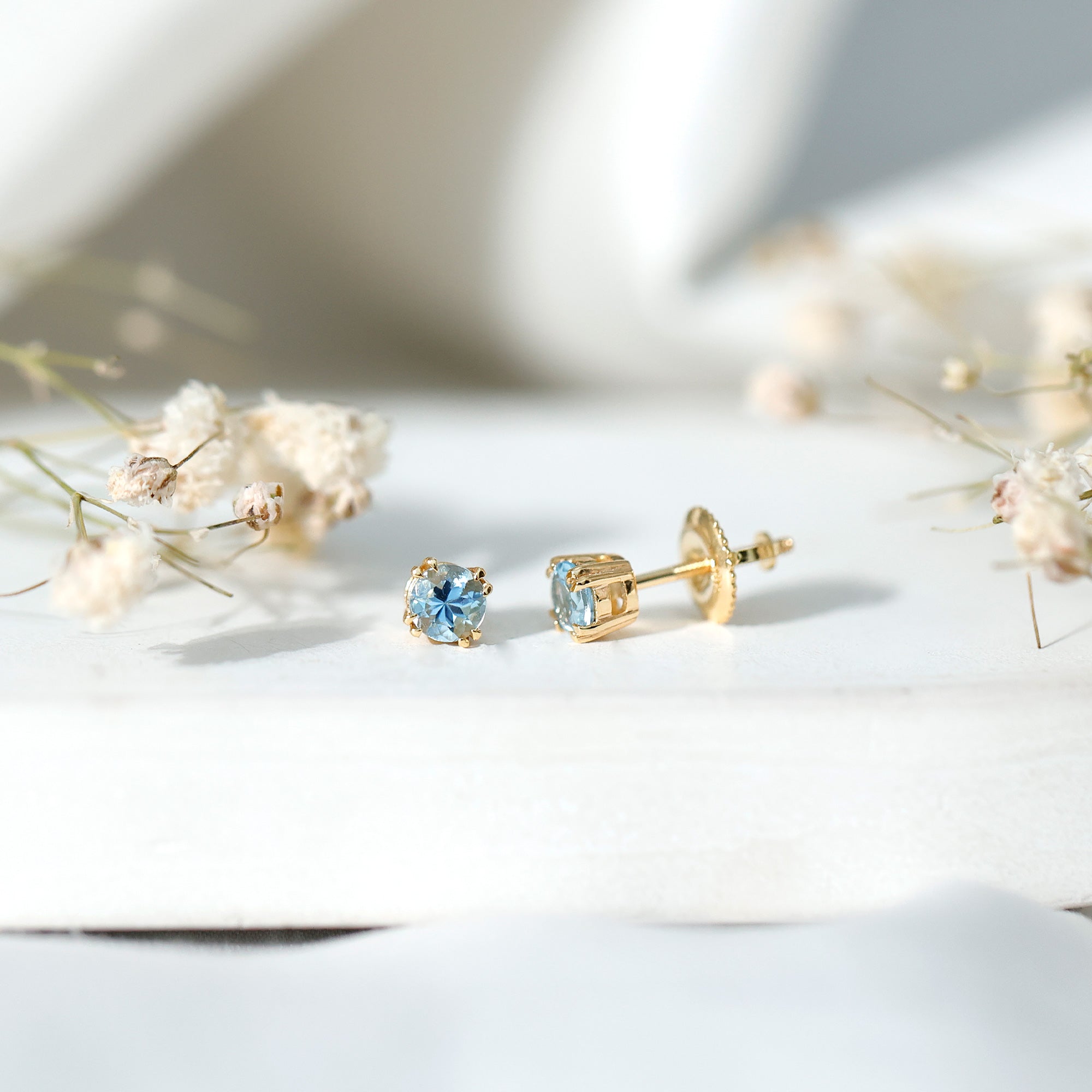 4MM Genuine Aquamarine Solitaire Stud Earrings in Double Claw Prong Setting AAA - Rosec Jewels