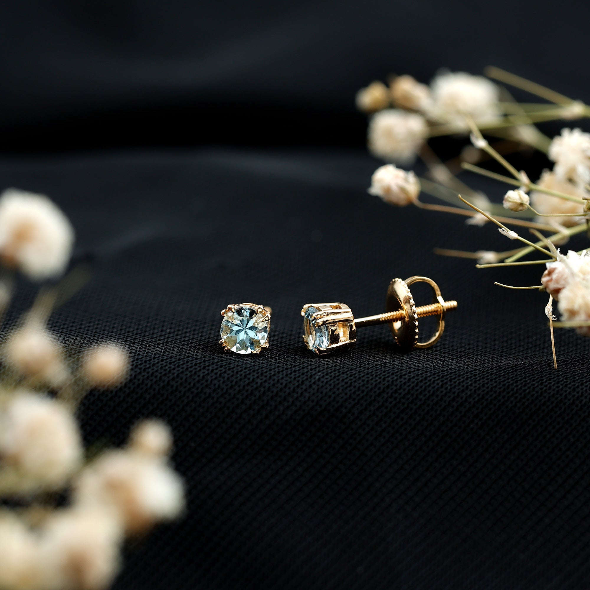 4MM Genuine Aquamarine Solitaire Stud Earrings in Double Claw Prong Setting AAA - Rosec Jewels
