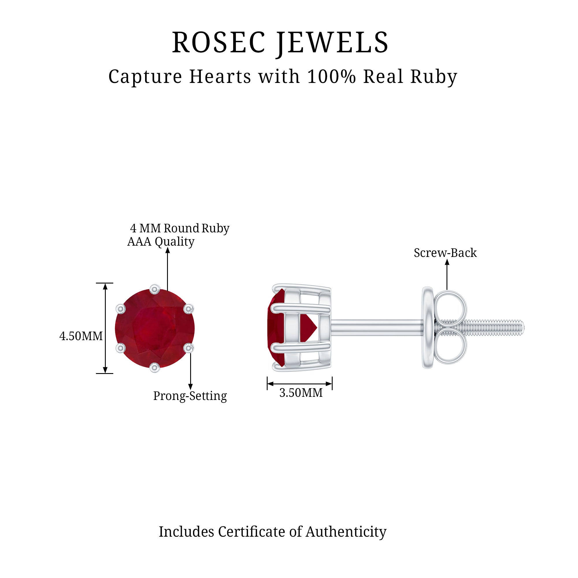 Minimalist Ruby Solitaire Stud Earrings for Women AAA - Rosec Jewels