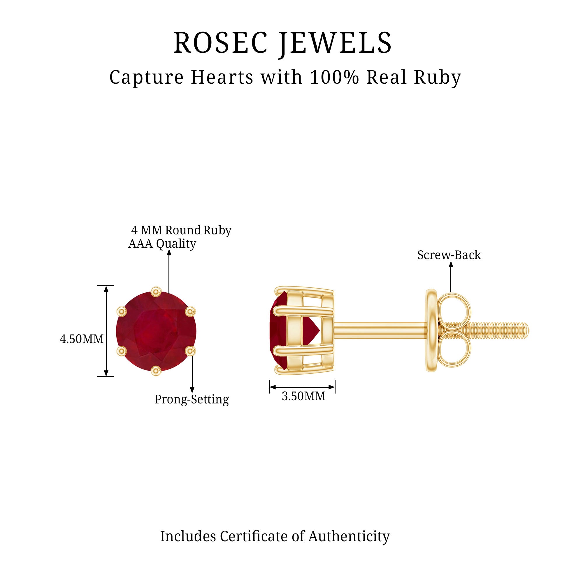 Minimalist Ruby Solitaire Stud Earrings for Women AAA - Rosec Jewels
