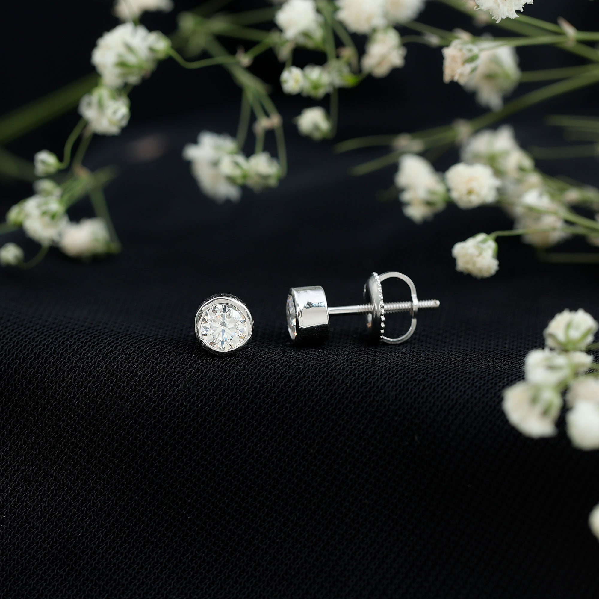 Certified Moissanite Solitaire Stud Earrings in Bezel Setting D-VS1 - Rosec Jewels