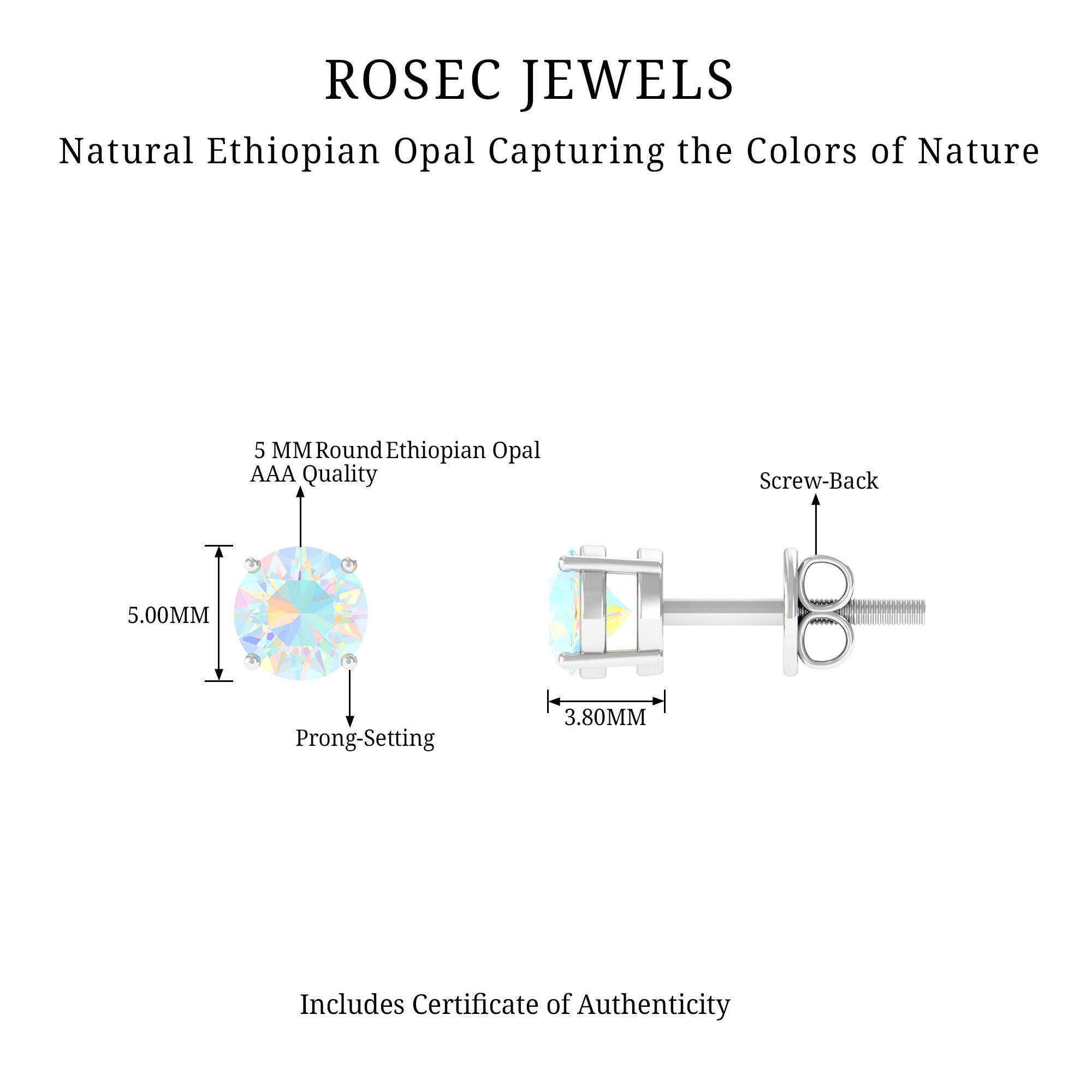 Round Shape Genuine Ethiopian Opal Solitaire Stud Earrings AAA - Rosec Jewels