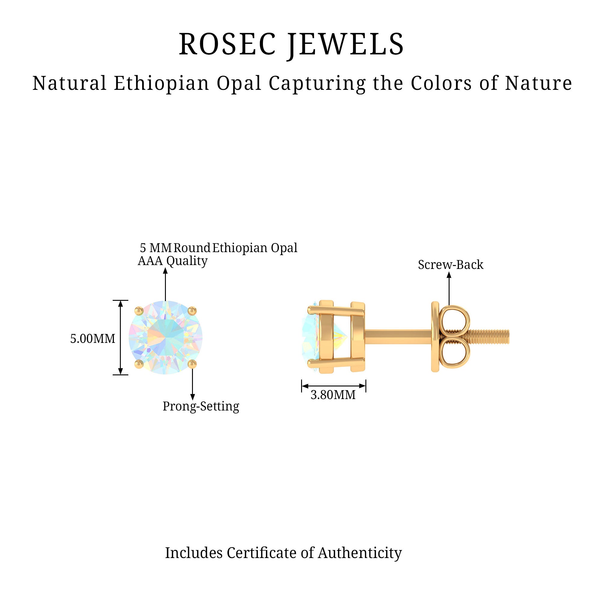 Round Shape Genuine Ethiopian Opal Solitaire Stud Earrings AAA - Rosec Jewels