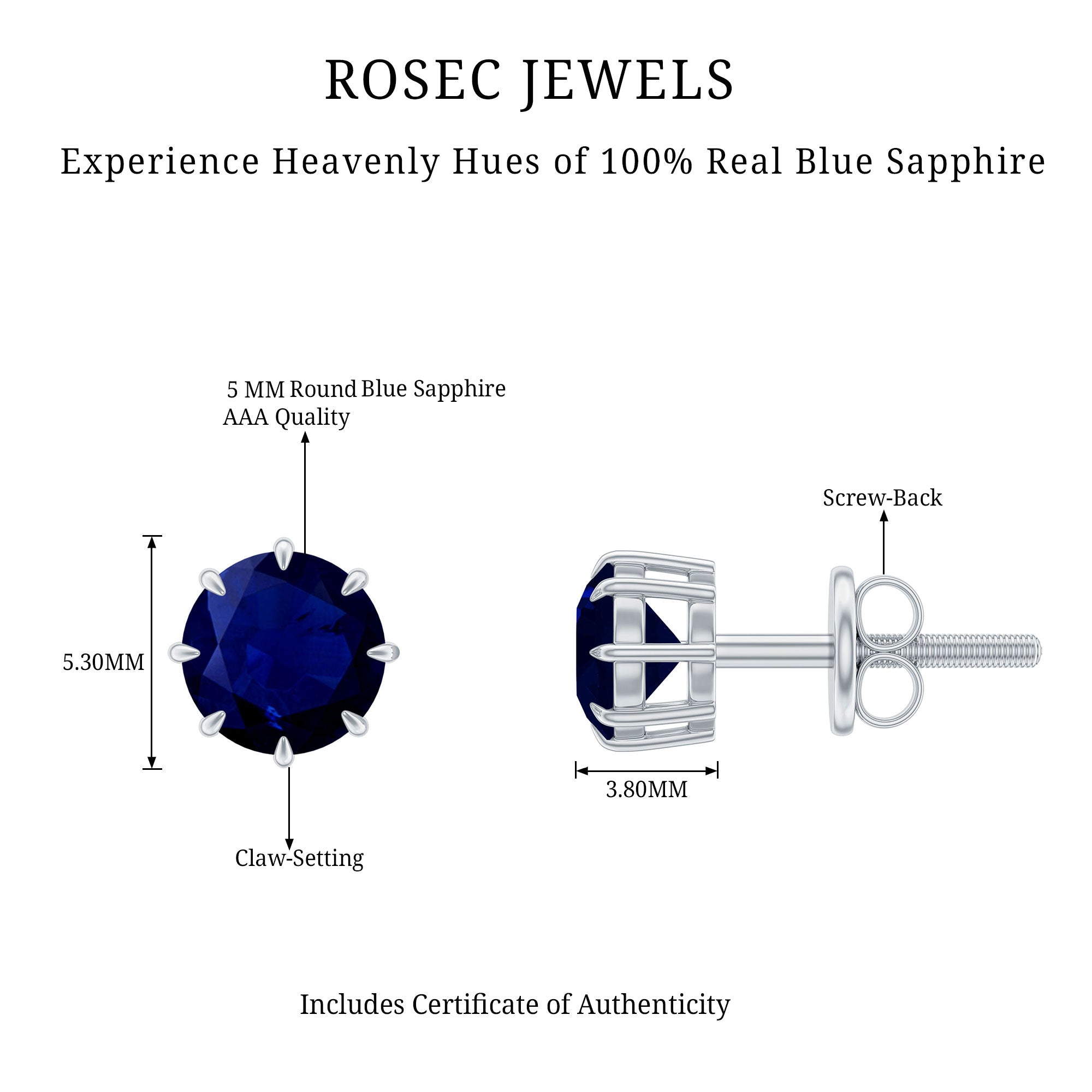 Natural 1.9 Carat Blue Sapphire Solitaire Stud Earrings AAA - Rosec Jewels