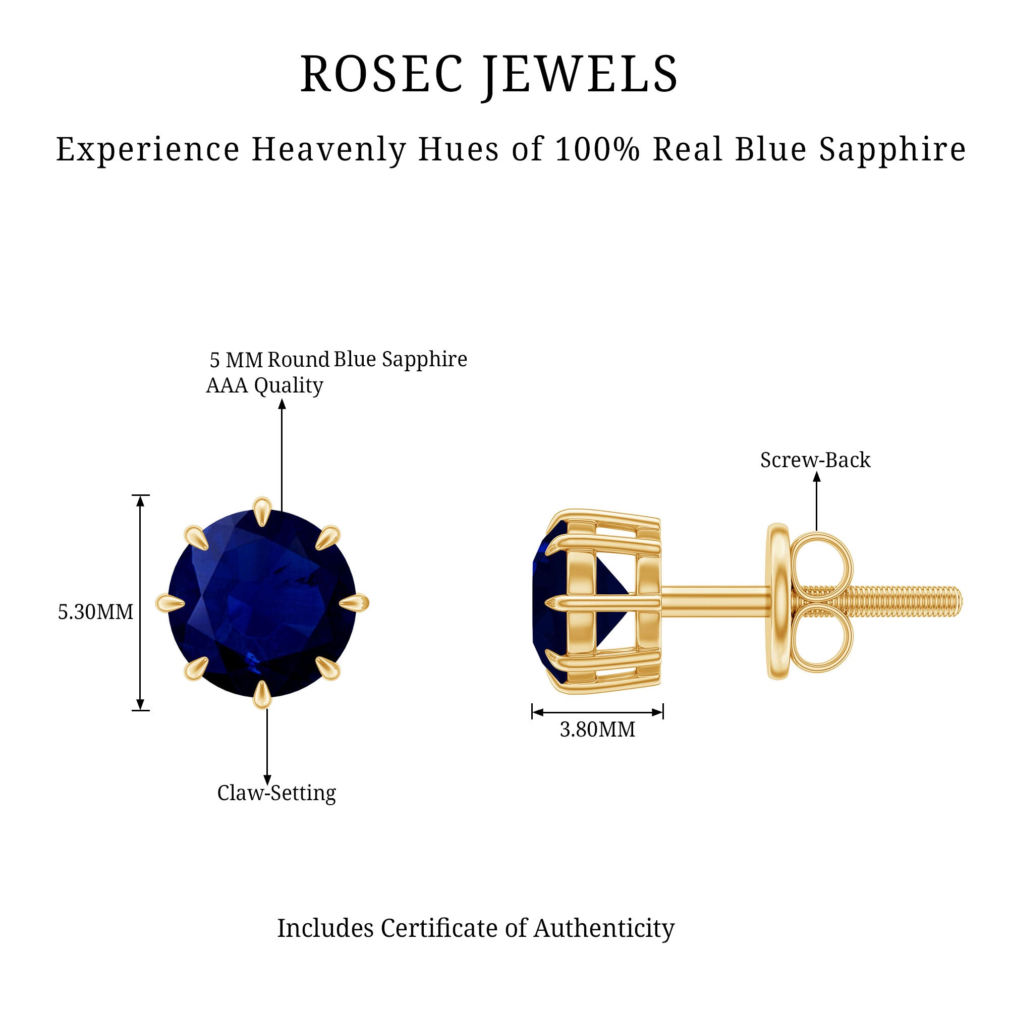 Natural 1.9 Carat Blue Sapphire Solitaire Stud Earrings AAA - Rosec Jewels