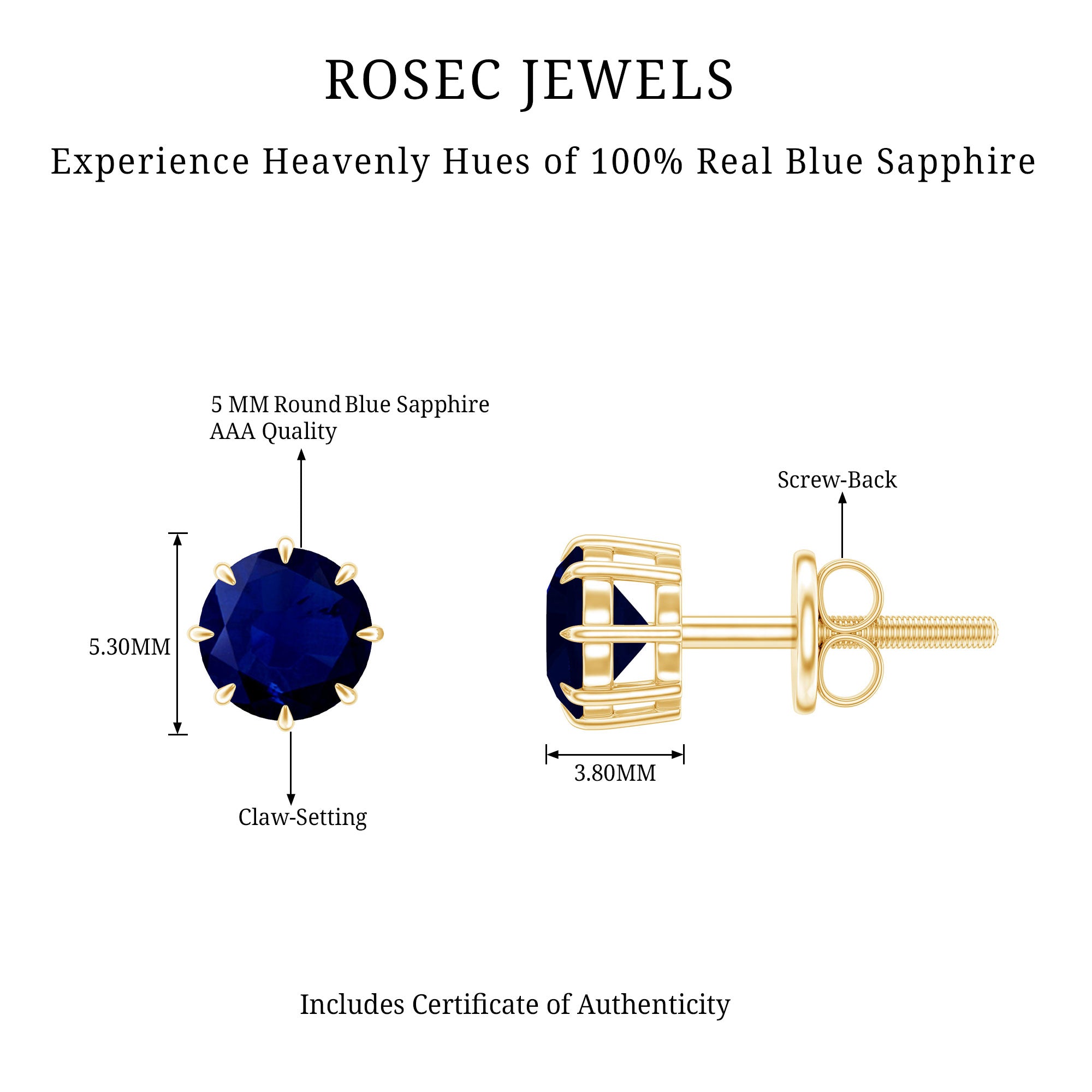 Natural 1.9 Carat Blue Sapphire Solitaire Stud Earrings AAA - Rosec Jewels