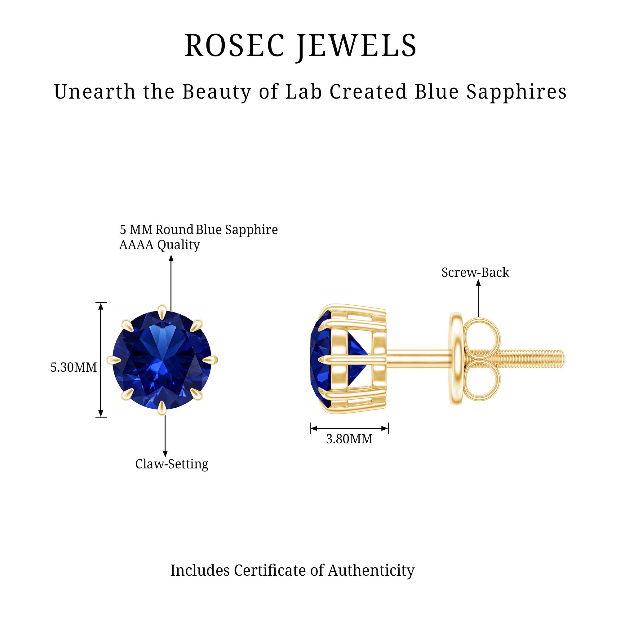 Lab Created Round Blue Sapphire Solitaire Stud Earrings in Claw Setting AAAA - Rosec Jewels