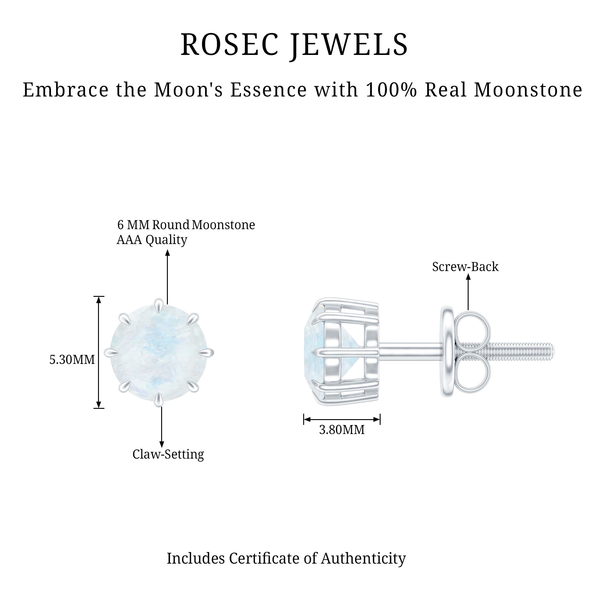 Real 0.7 Carat Moonstone Stud Earrings with Screw Back AAA - Rosec Jewels